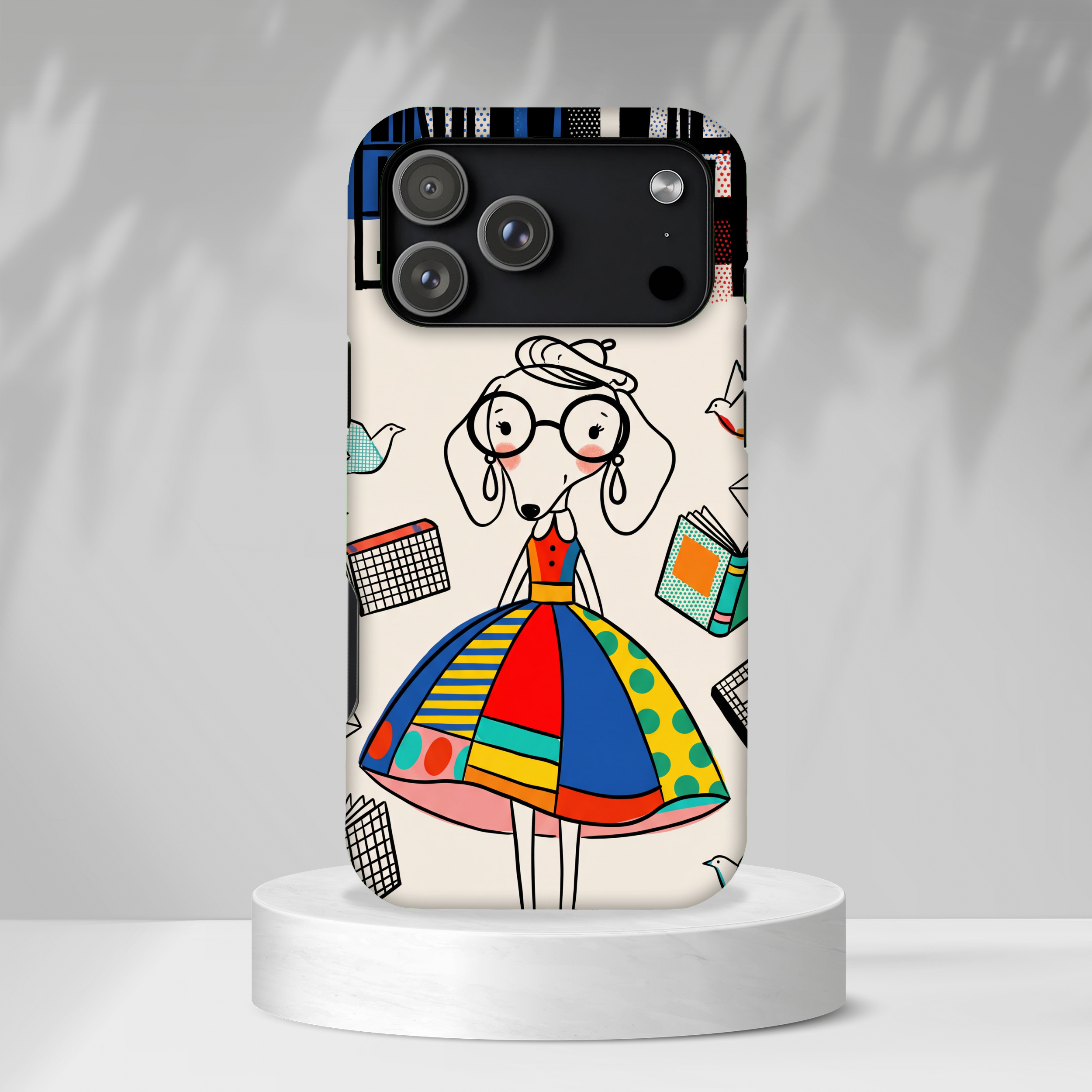 Cute Dachshund Dog Illustration iPhone Case | Colorful Whimsical Book & Bird Design