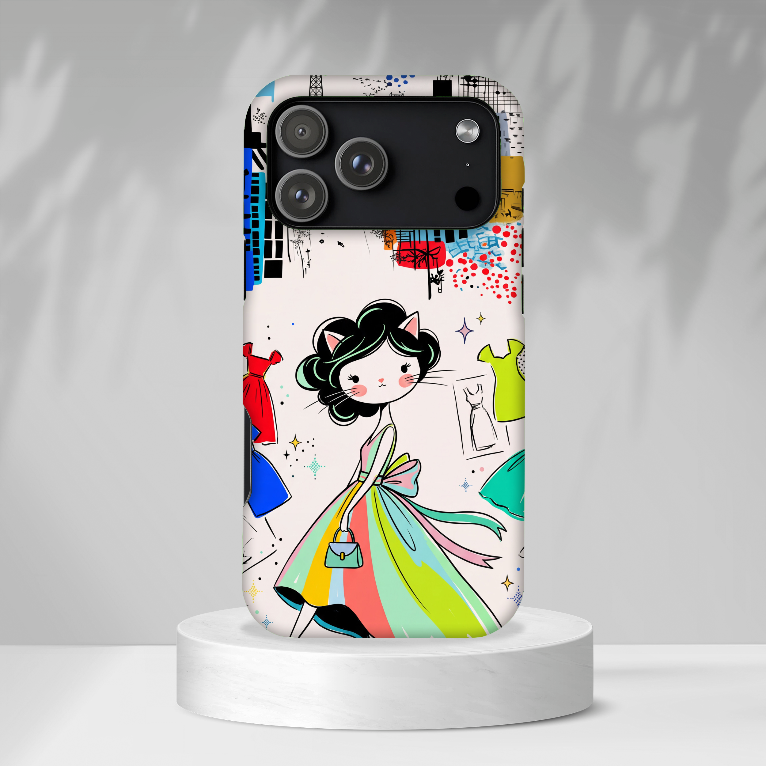 Retro Fashion Cat Girl iPhone Case | Cute Dress & City Print