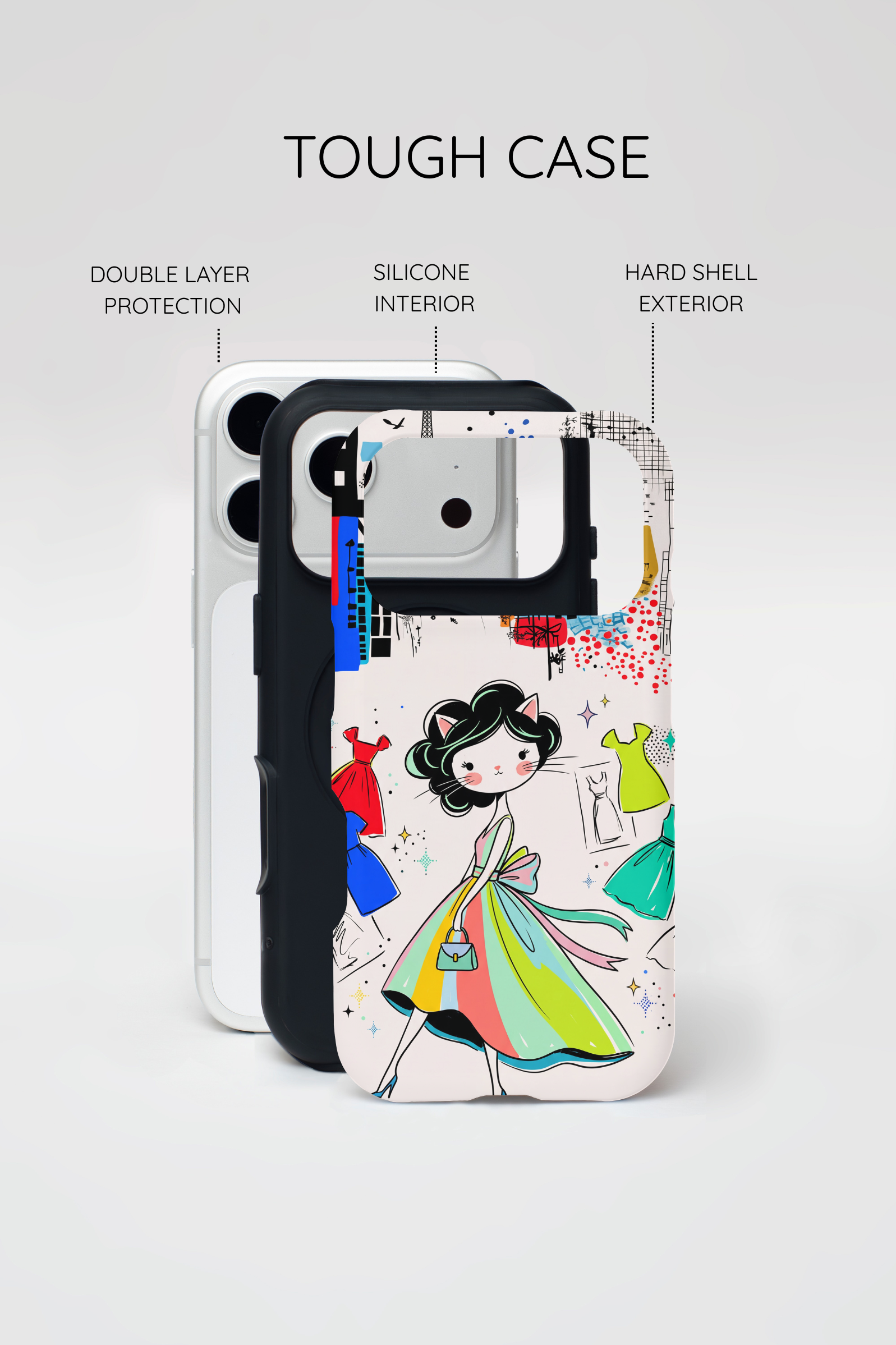 Retro Fashion Cat Girl MagSafe iPhone Case | Cute Dress & City Print