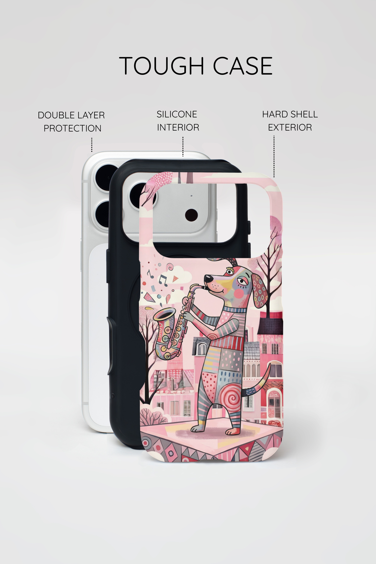 Saxophone Dog MagSafe iPhone Case | Cute Pink Musical Art Protective Case