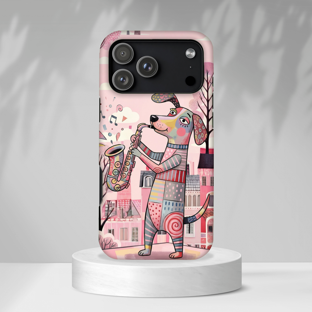 Saxophone Dog iPhone Case | Cute Pink Musical Art Protective Case