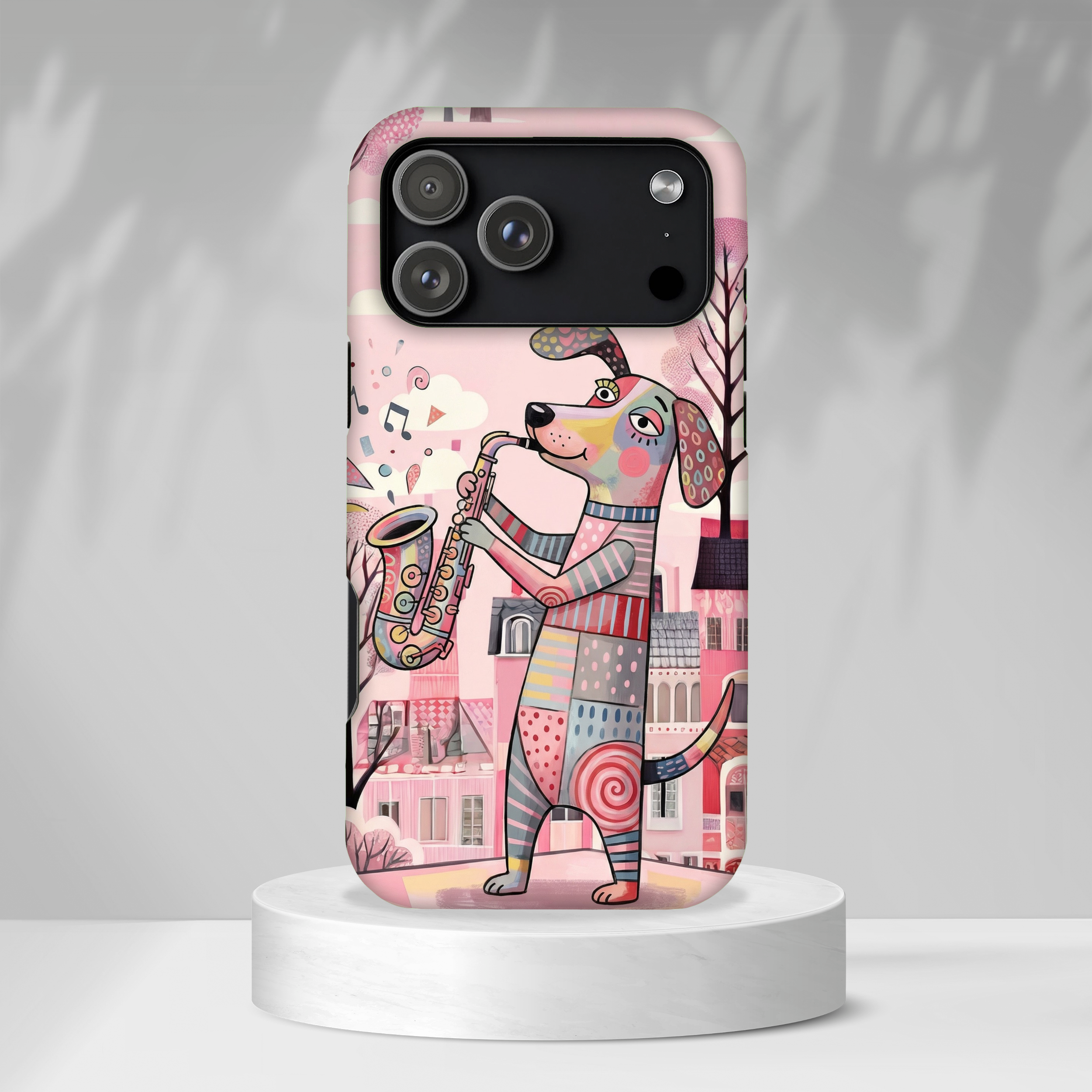 Saxophone Dog iPhone Case | Cute Pink Musical Art Protective Case