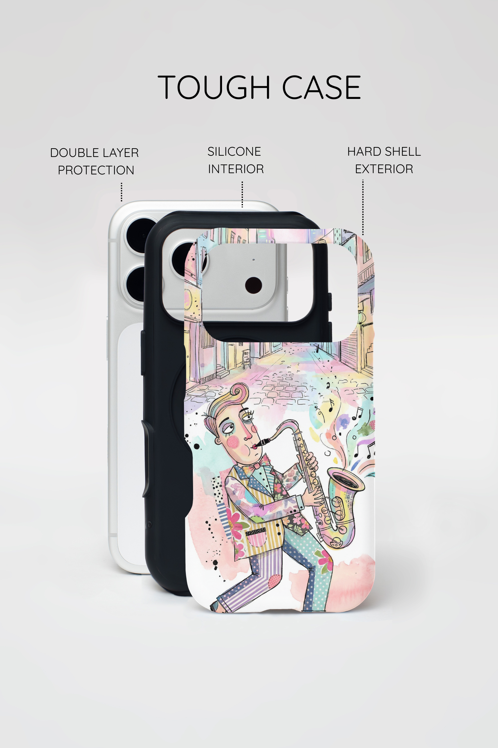 Sax Player Art MagSafe iPhone Case | Pastel Jazz Street Illustration
