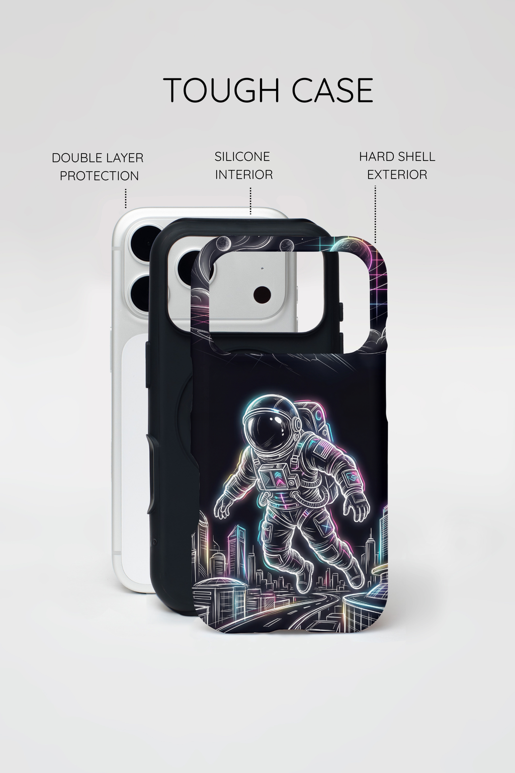 Custodia per iPhone a tema astronauta ed esploratore spaziale al neon
