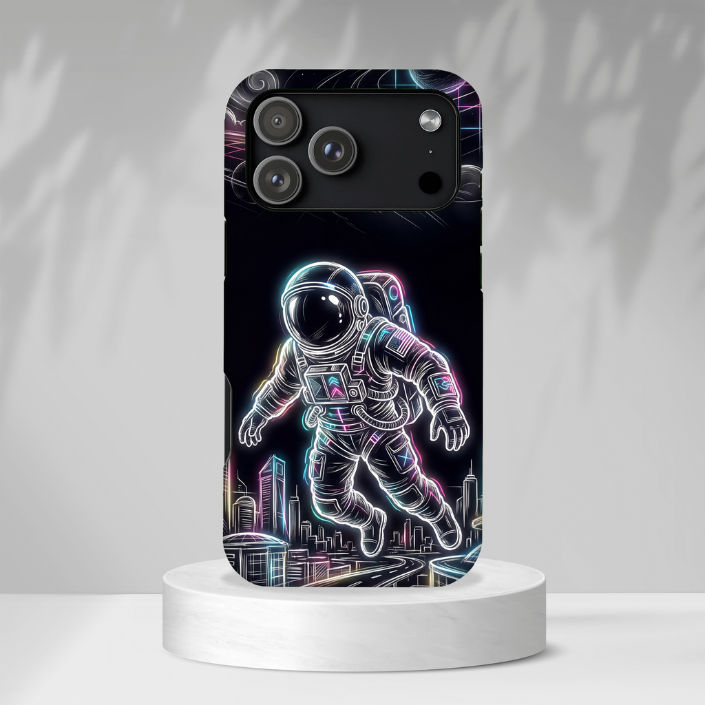 Custodia per iPhone a tema astronauta ed esploratore spaziale al neon