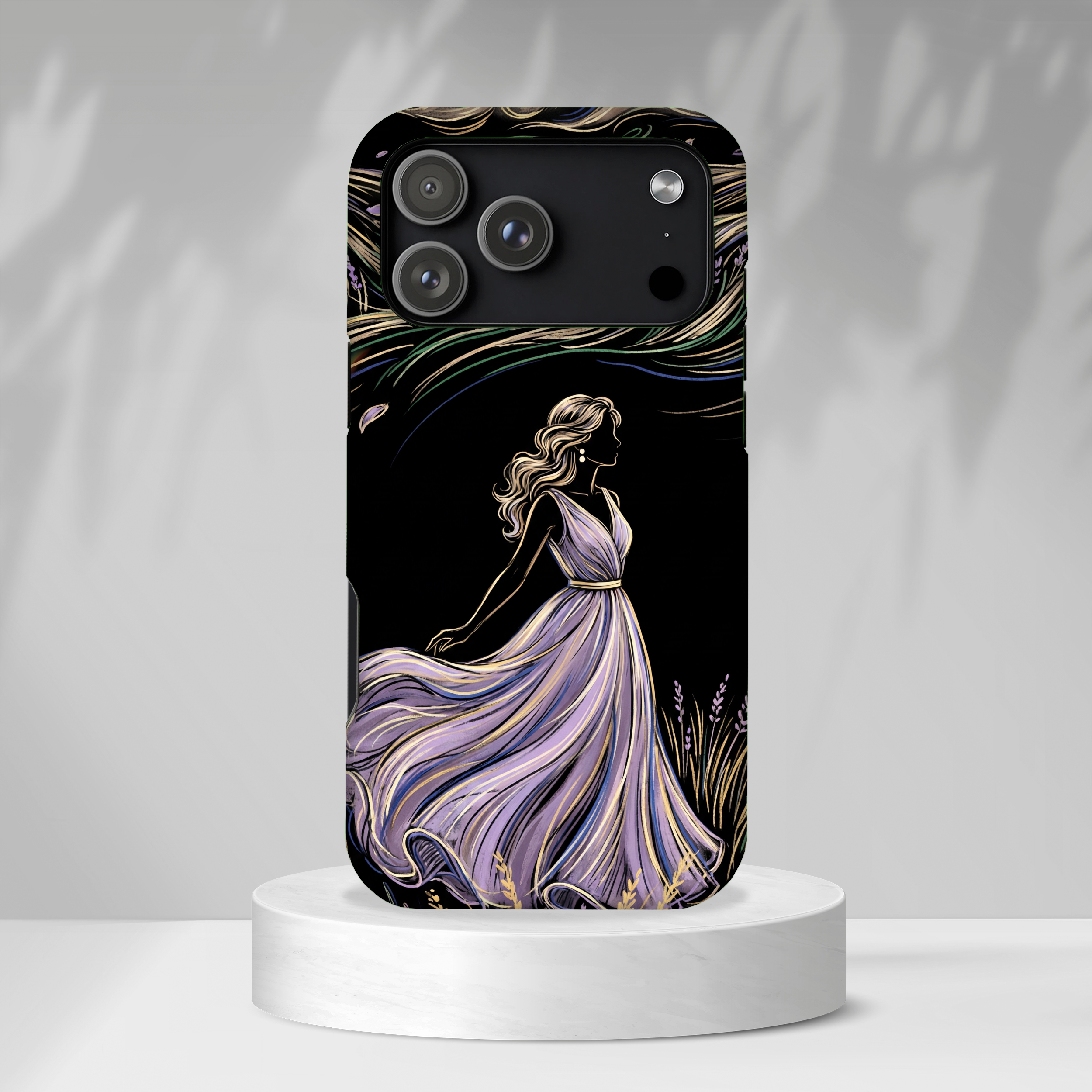 Cover per iPhone "Brezza di Lavanda" | Elegante Donna Danzante con Fiori