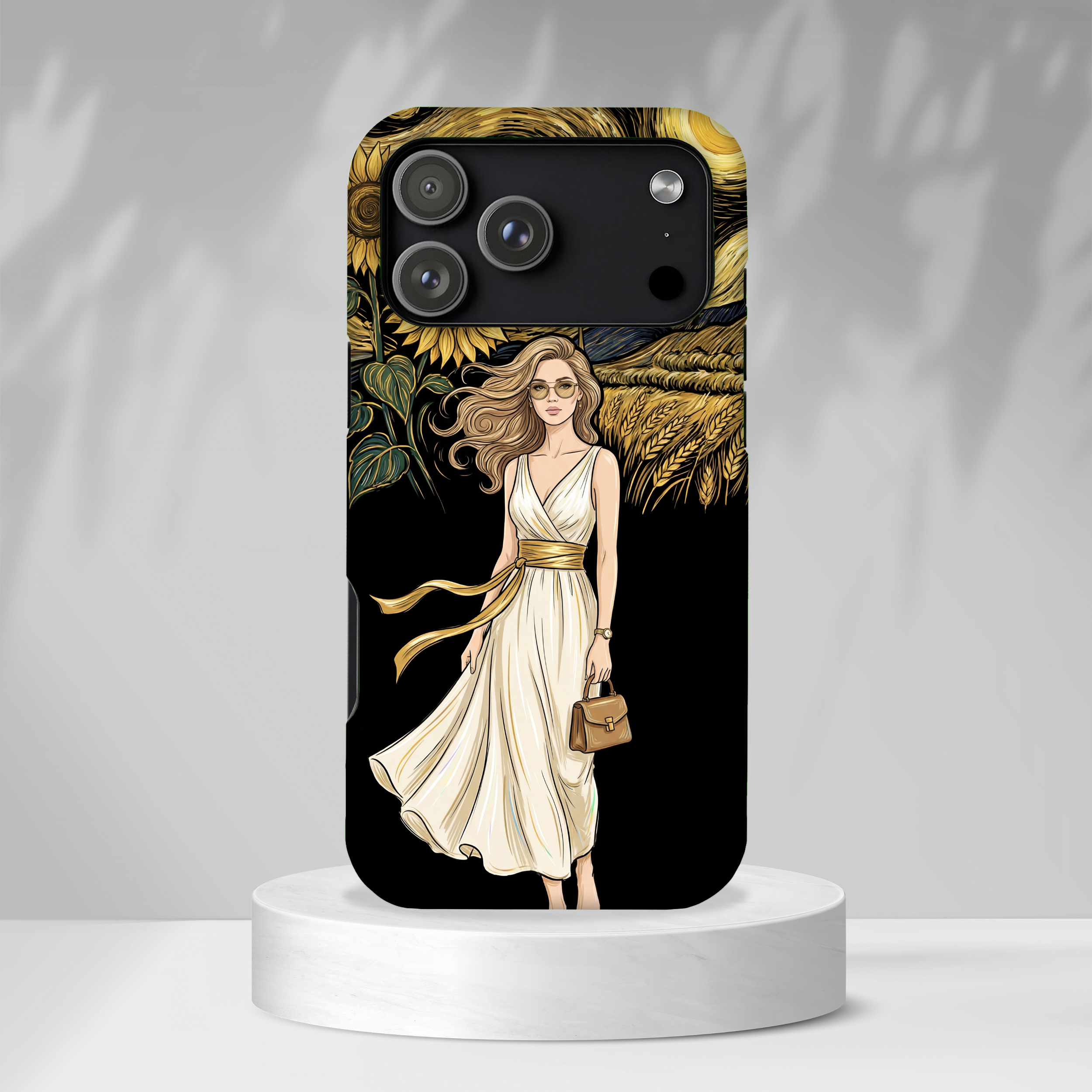 Sunflower Night iPhone Case | Woman in Flowing Dress Van Gogh Style