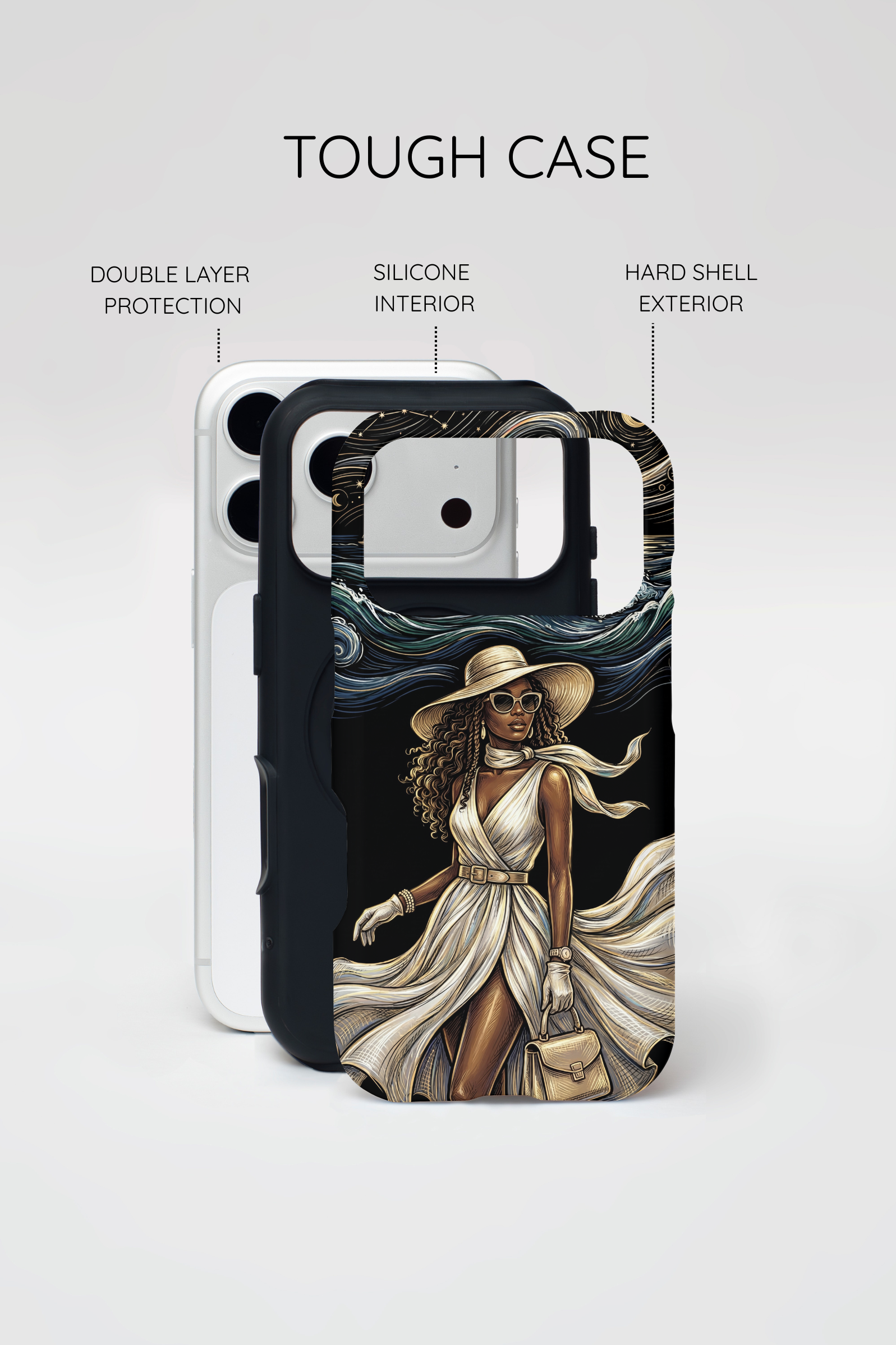 iPhone Case | Elegant Black Woman in Flowing Dress by the Sea