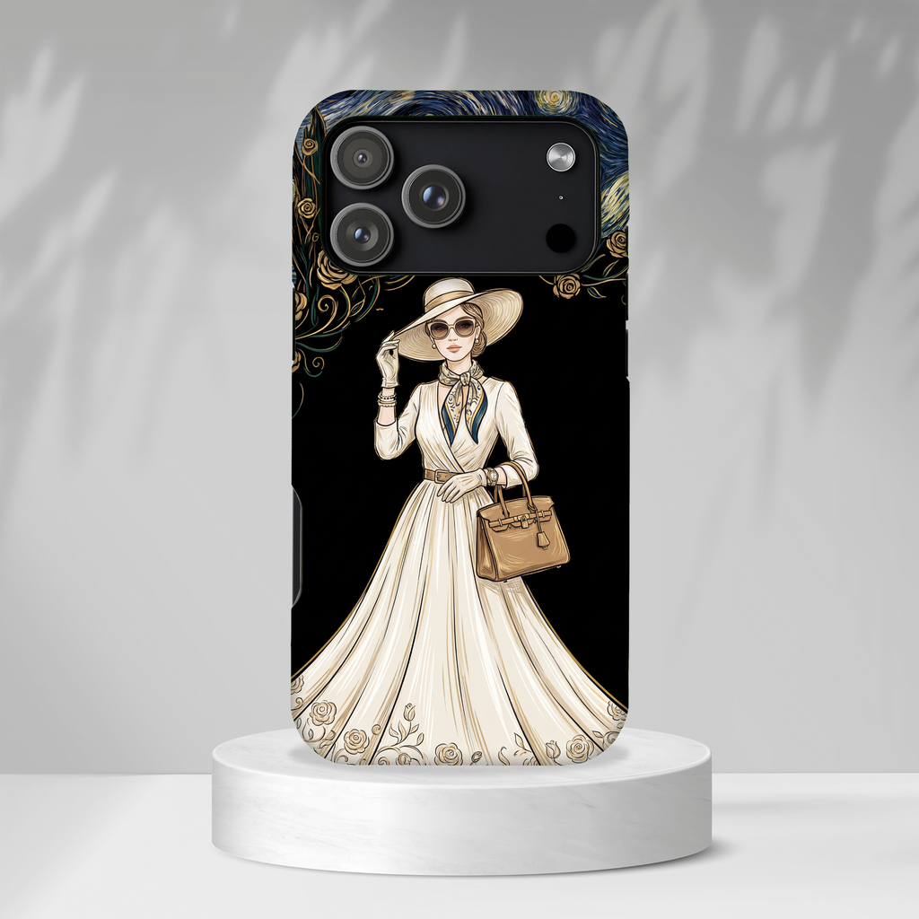Vintage Starry Night Fashion iPhone Case | Elegant Lady in White Dress