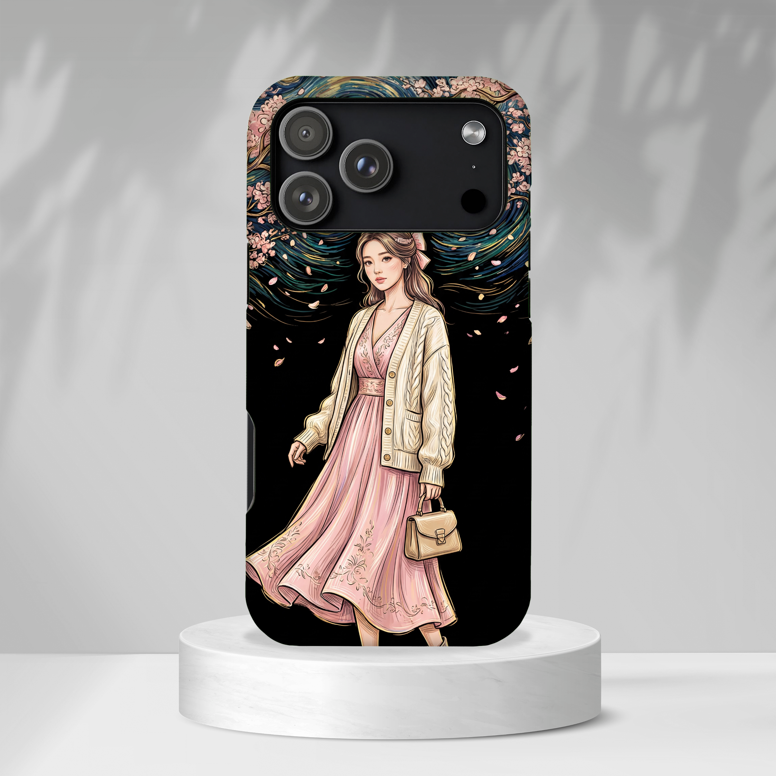 Floral Starry Night iPhone Case | Elegant Girl in Pink Dress