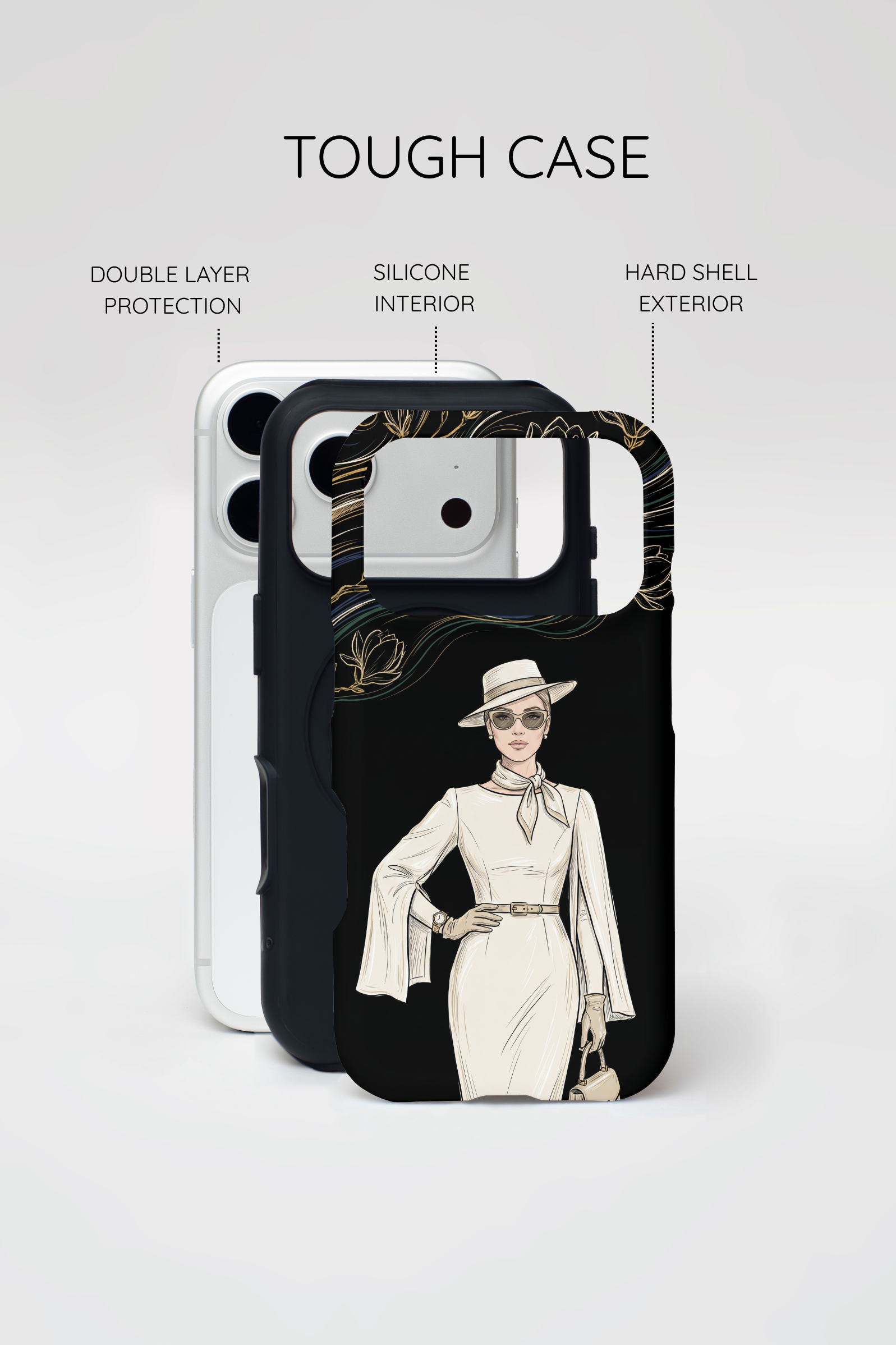 MagSafe iPhone Case | Elegant Vintage Lady with Gold Floral Swirls