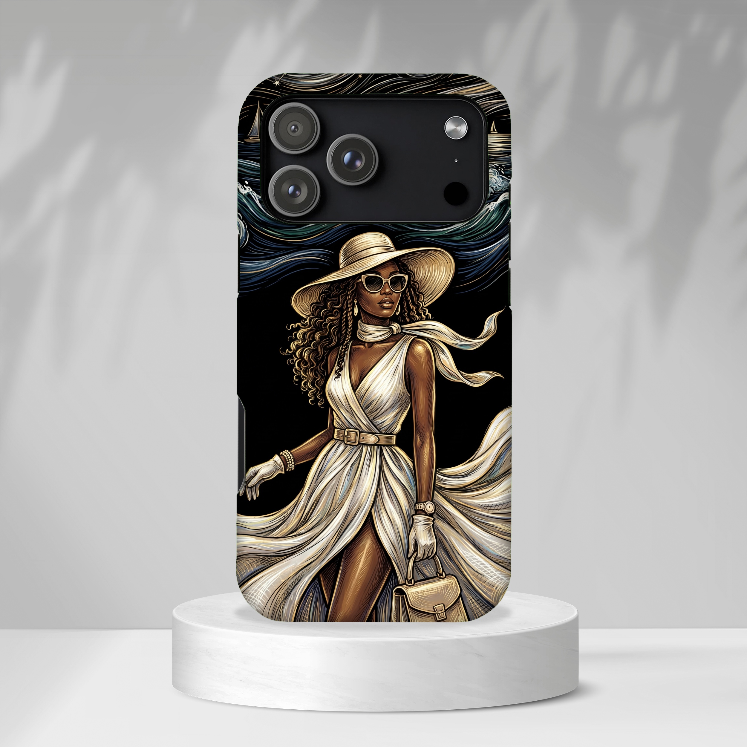 MagSafe iPhone Case | Elegant Black Woman in Flowing Dress by the Sea