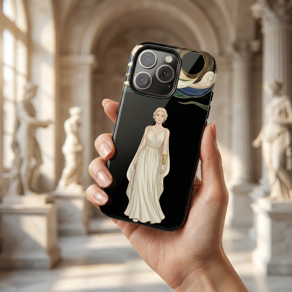 Art Nouveau Goddess MagSafe iPhone Case | Elegant Woman Illustration on Black