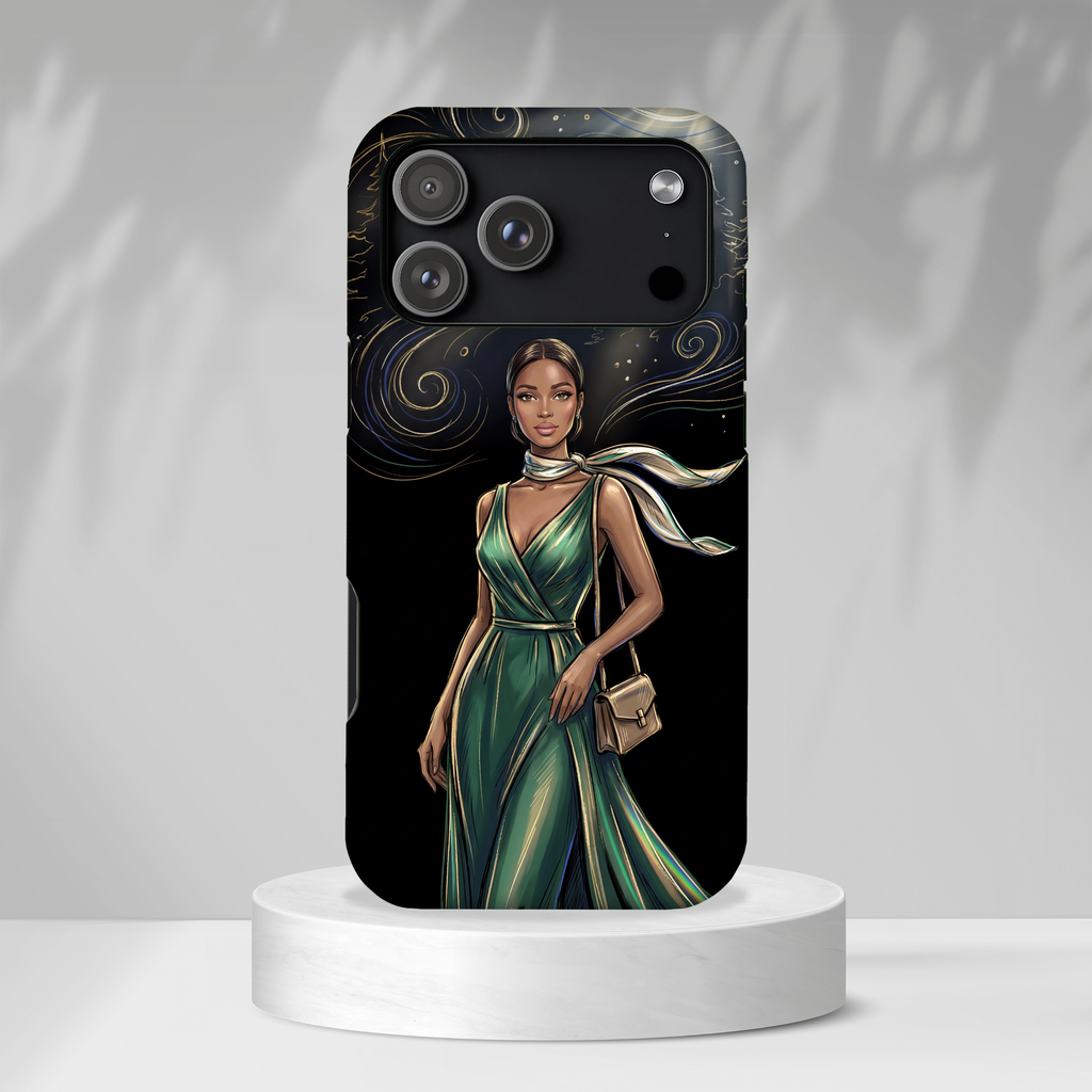 Elegant Woman in Green Dress Art Protective Tough MagSafe iPhone Case