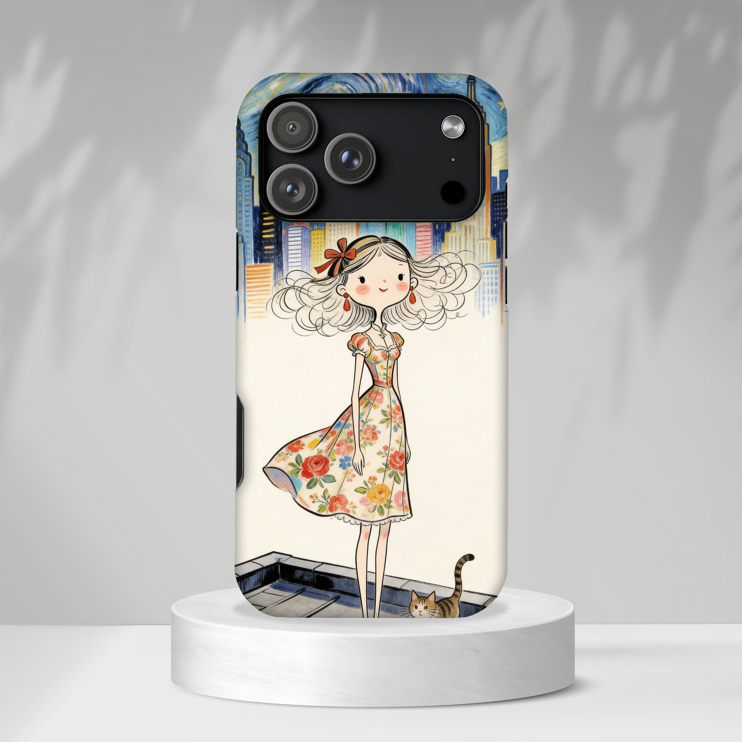 Artistic Girl Cityscape iPhone Case | Cute Floral Dress Rooftop Design