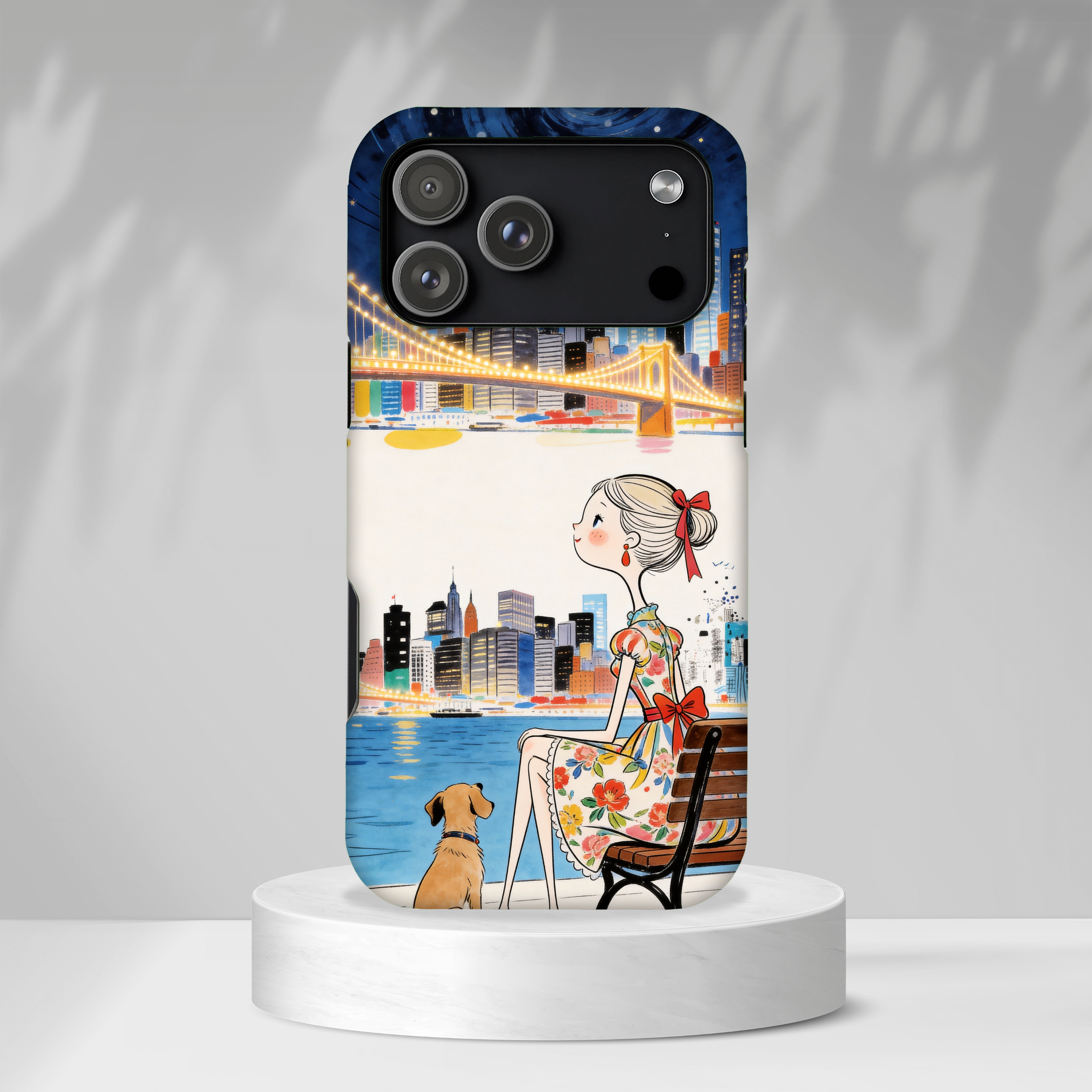City Night iPhone Case | Cute Girl & Dog Bench Illustration