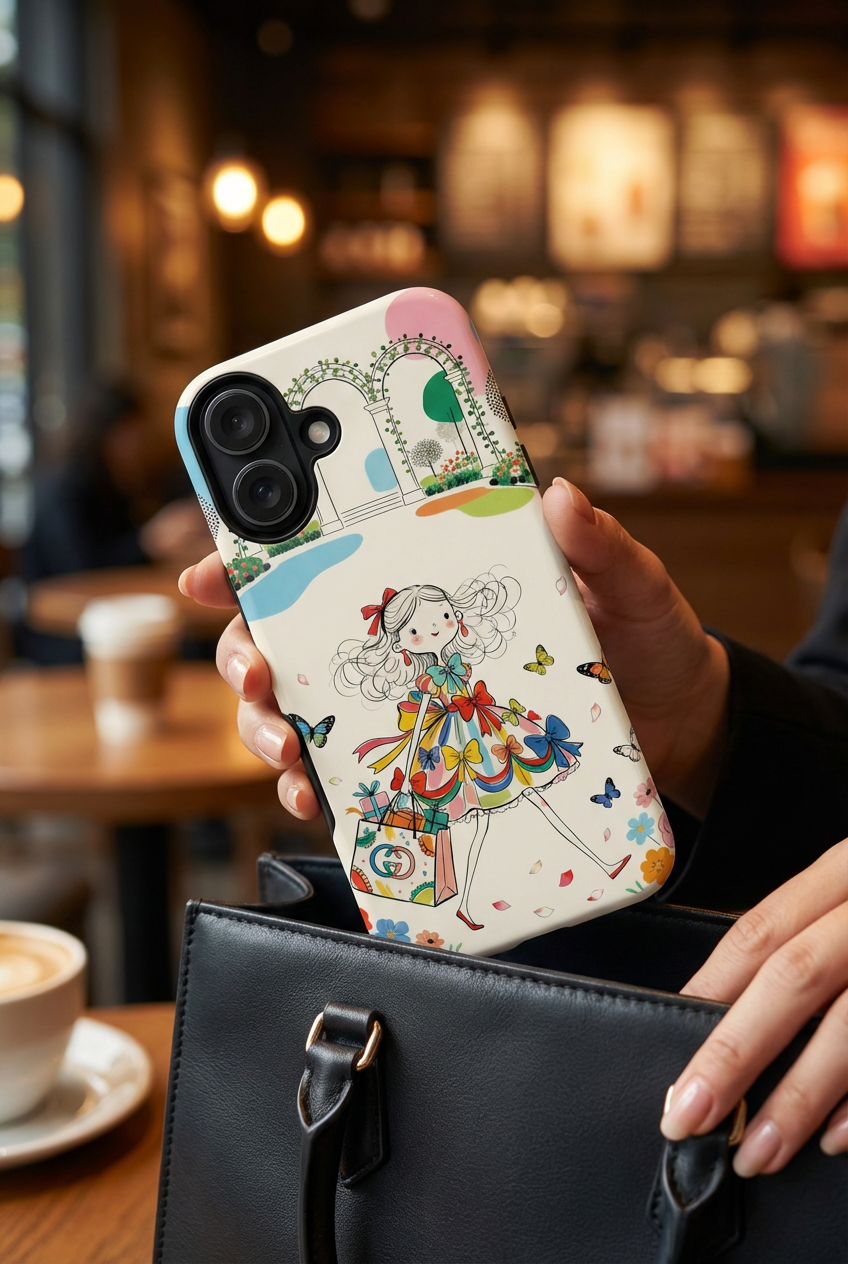 Whimsical Shopping Girl MagSafe iPhone Case | Cute Floral Butterfly Tough Case