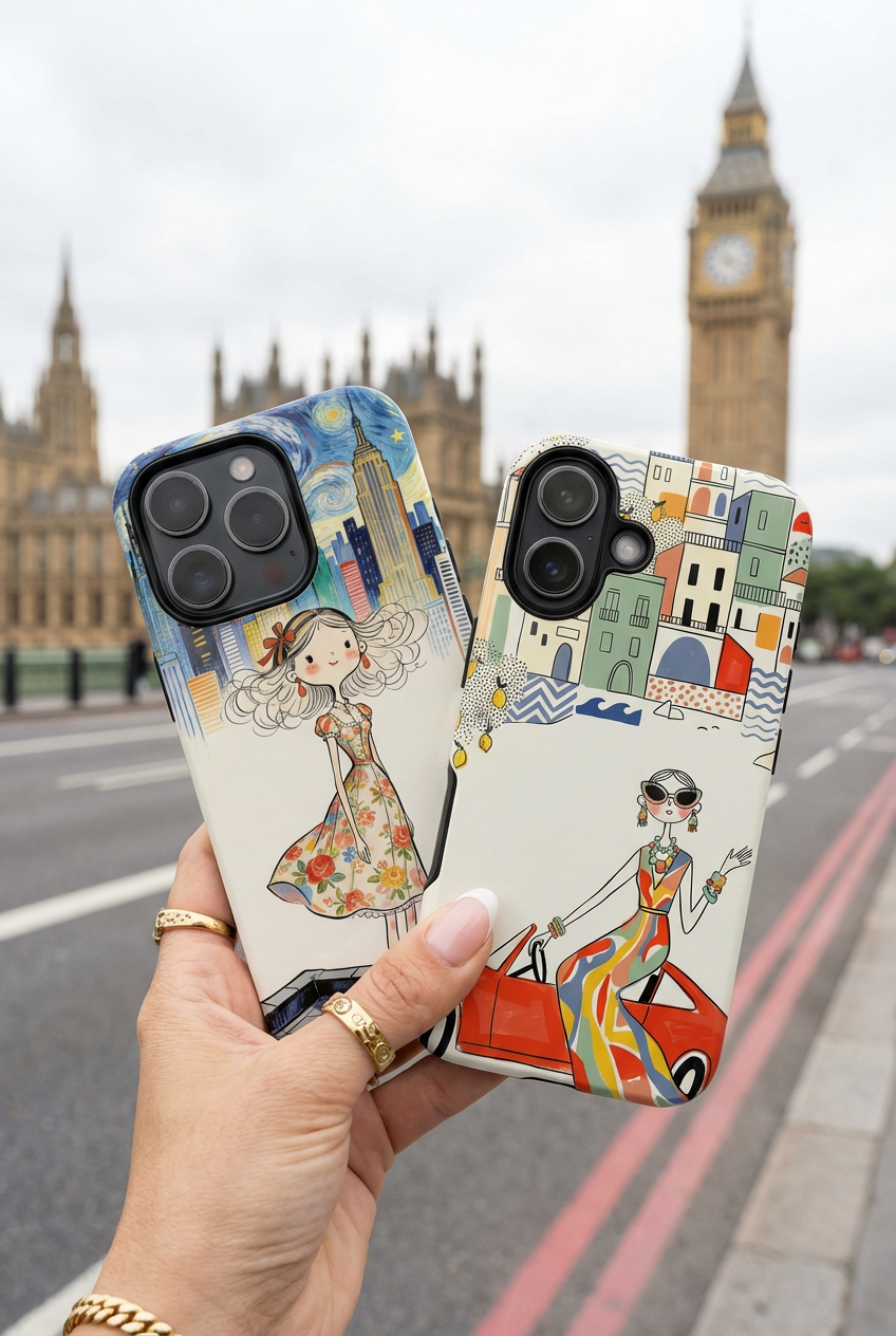 Artistic Girl Cityscape MagSafe iPhone Case | Cute Floral Dress Rooftop Design