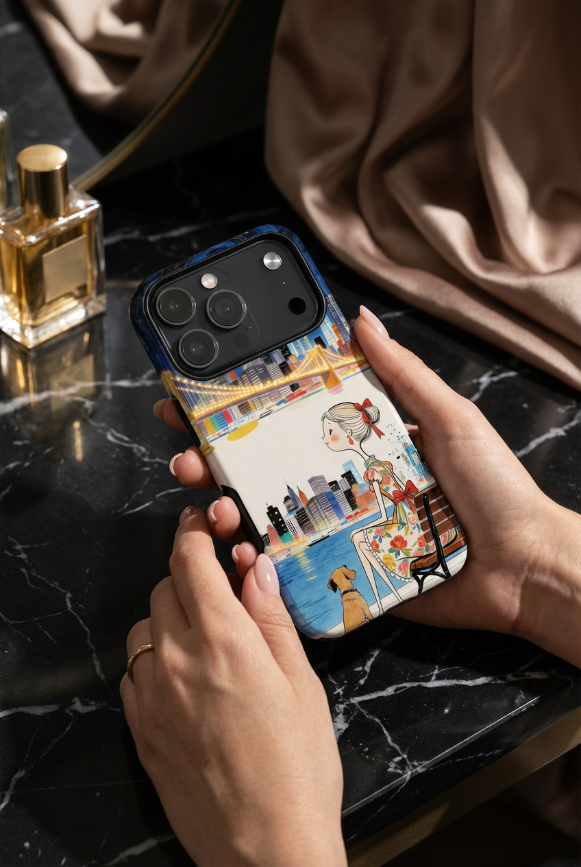 City Night MagSafe iPhone Case | Cute Girl & Dog Bench Illustration