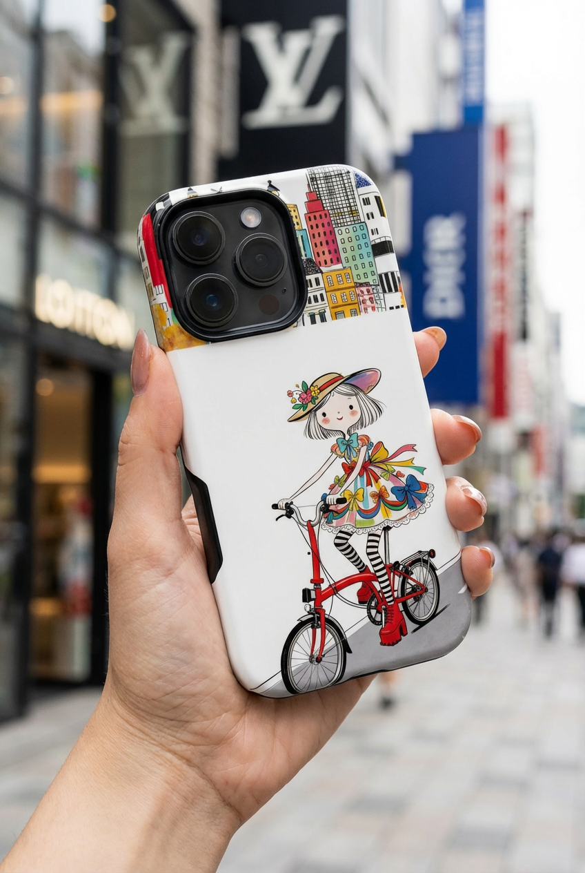 Whimsical Girl on Brompton Bicycle Urban Illustration MagSafe iPhone Case