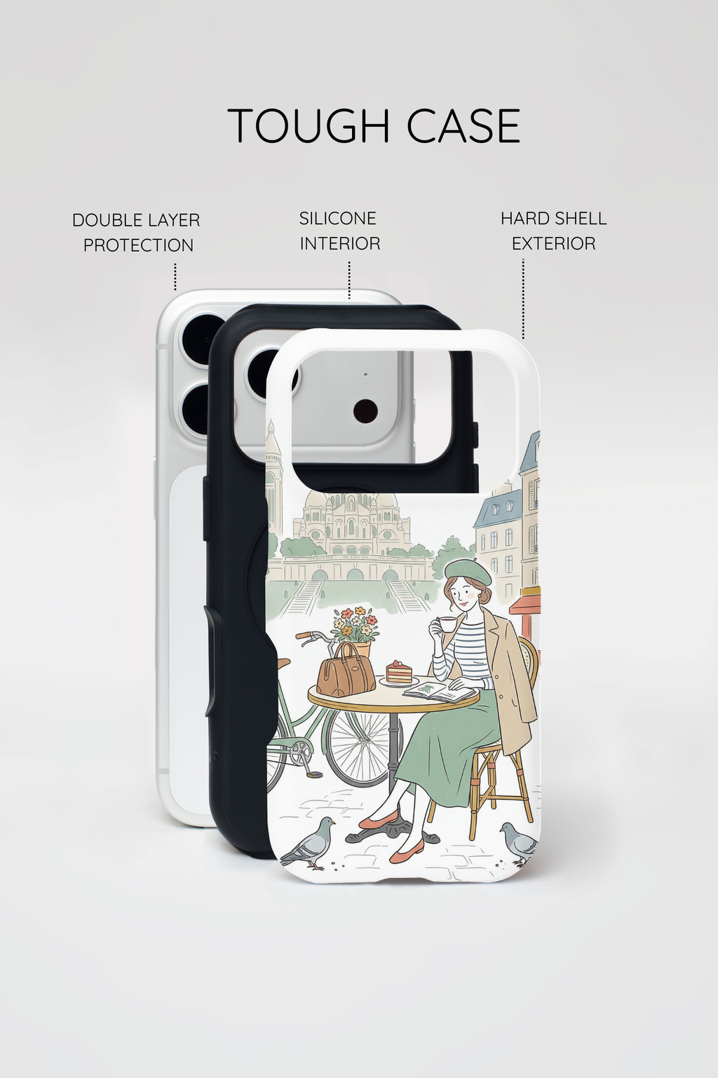 Cover protettiva per iPhone con illustrazione di caffè parigino | Biciclette e piccioni vintage