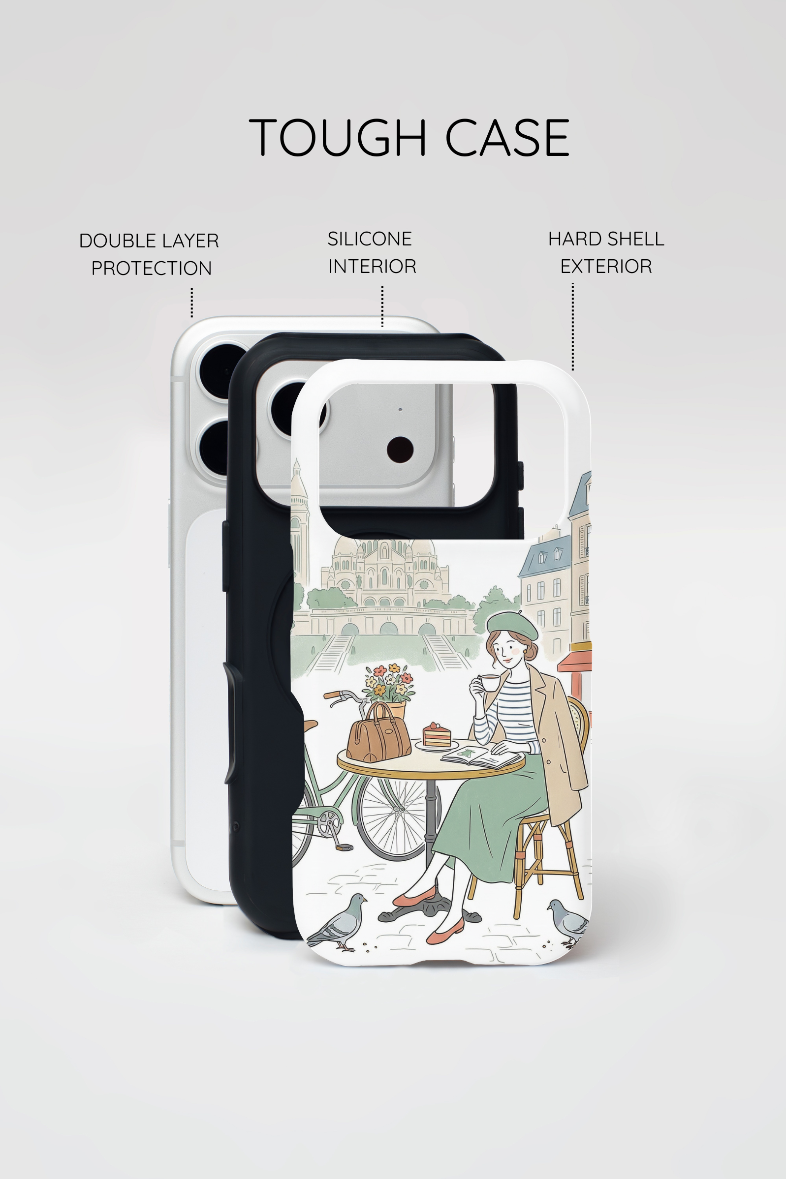 Paris Cafe Illustration iPhone Case | Vintage Bicycles & Pigeons Protective Cover