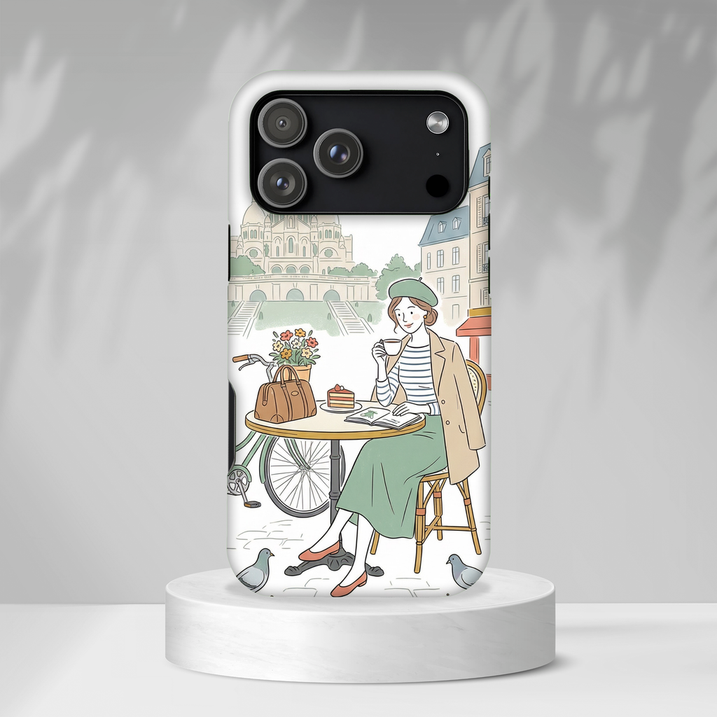 Cover protettiva per iPhone con illustrazione di caffè parigino | Biciclette e piccioni vintage