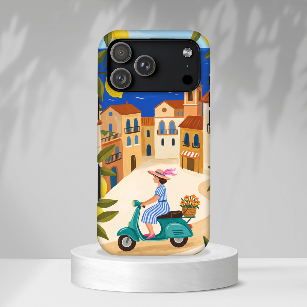Mediterranean Scooter iPhone Case | Coastal Lemon Grove Design