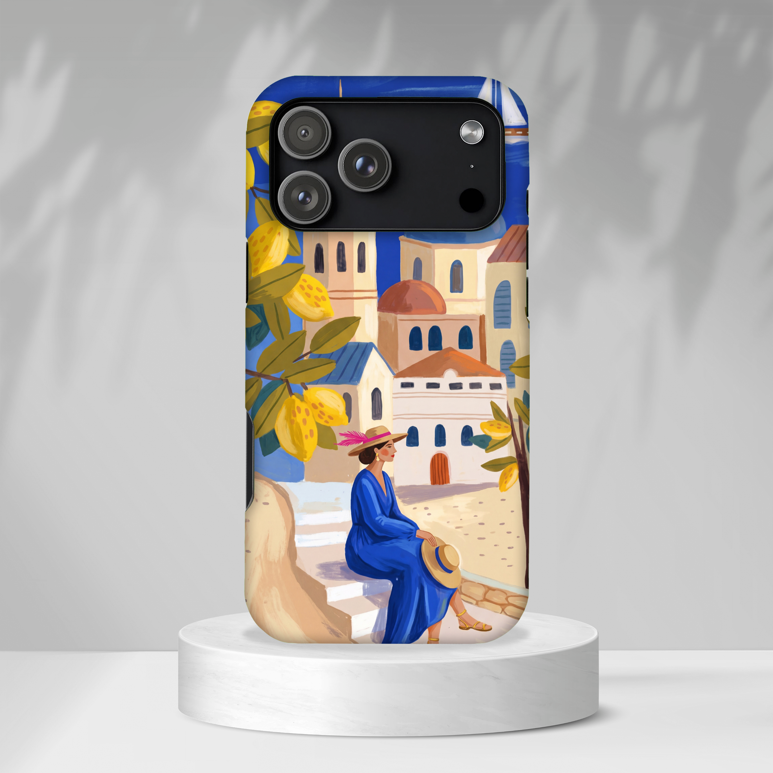 Mediterranean Village MagSafe iPhone Case | Scenic Sailboat & Lemon Grove Design
