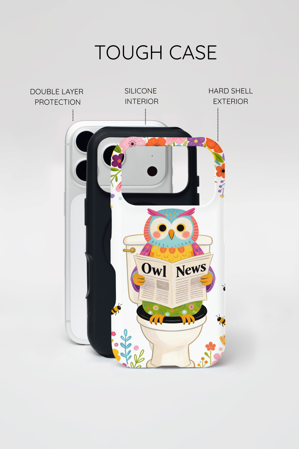 Owl News Floral MagSafe iPhone Case | Cute Owl Reading Newspaper on Toilet