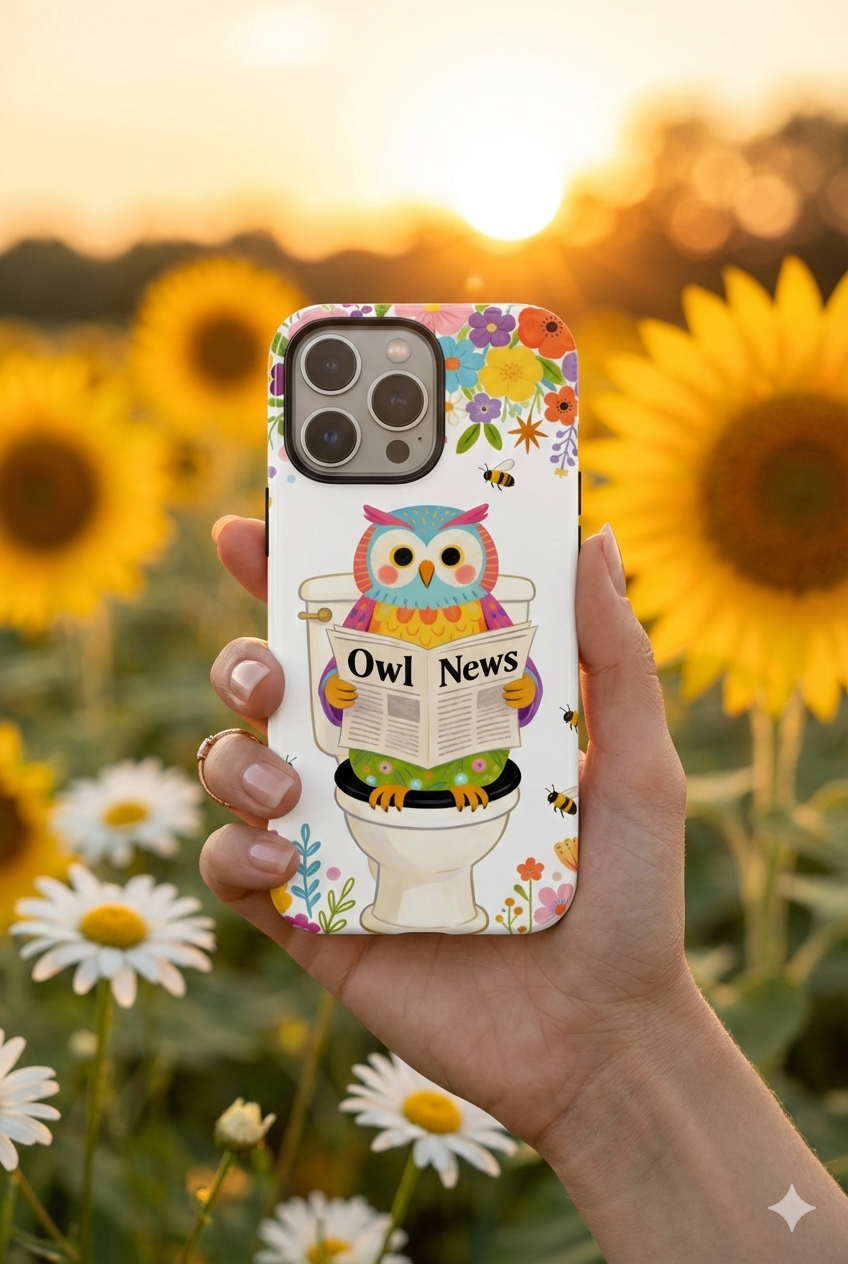 Owl News Floral MagSafe iPhone Case | Cute Owl Reading Newspaper on Toilet