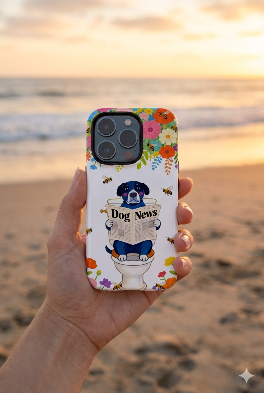 Dog News Floral MagSafe iPhone Case | Cute Dog on Toilet Pattern, Spring Floral iPhone Cover