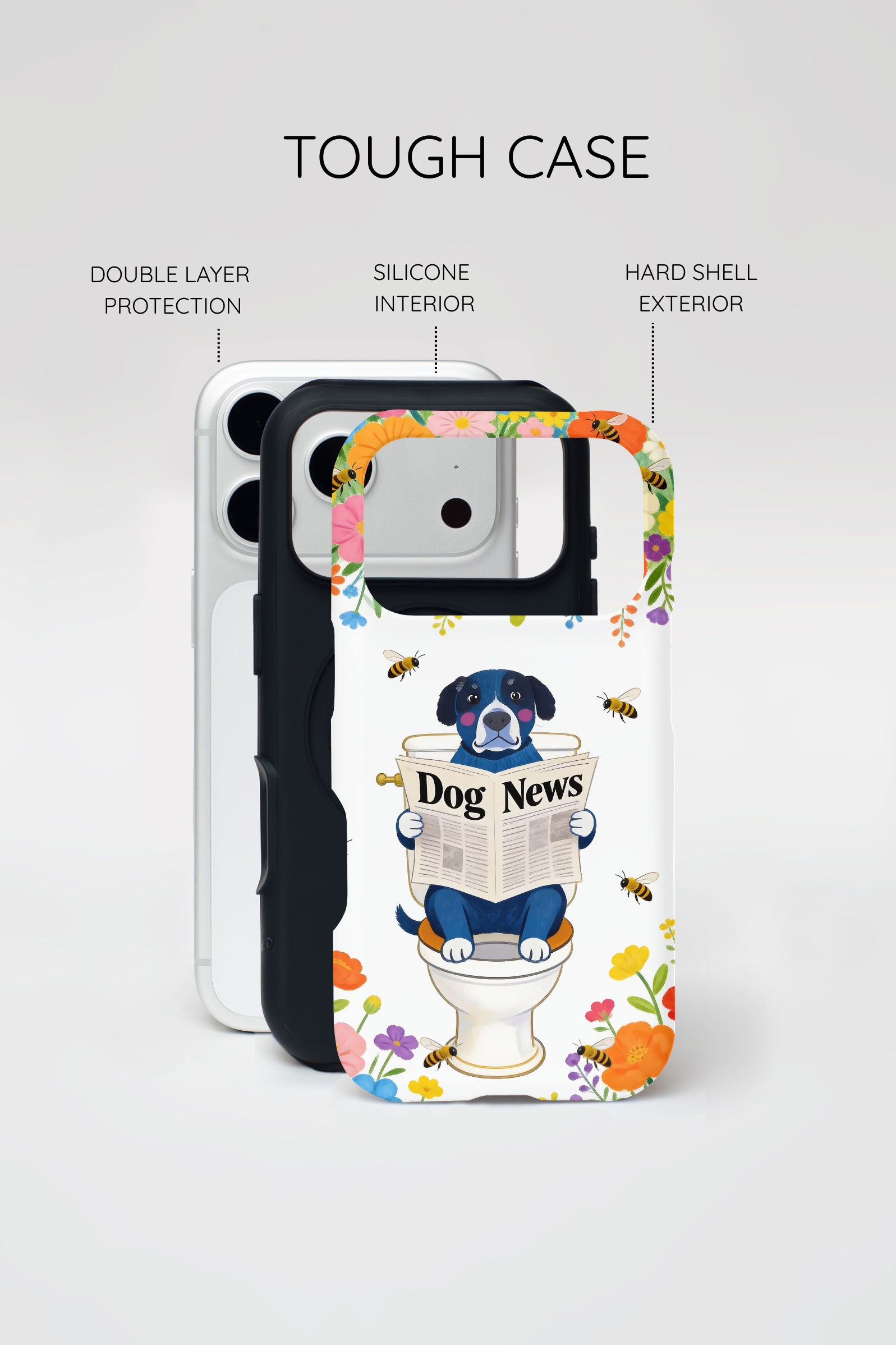 Dog News Floral MagSafe iPhone Case | Cute Dog on Toilet Pattern, Spring Floral iPhone Cover