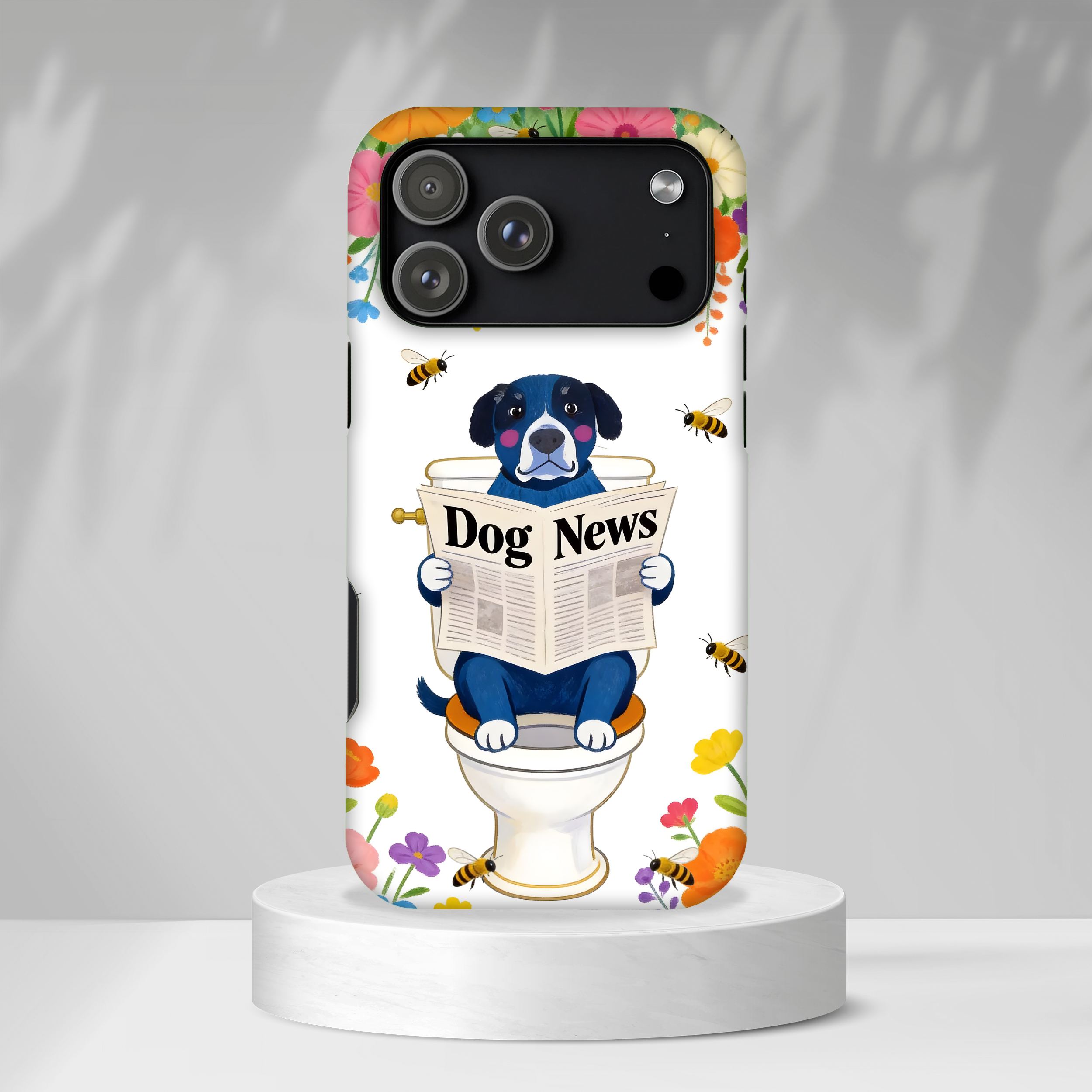 Dog News Floral MagSafe iPhone Case | Cute Dog on Toilet Pattern, Spring Floral iPhone Cover