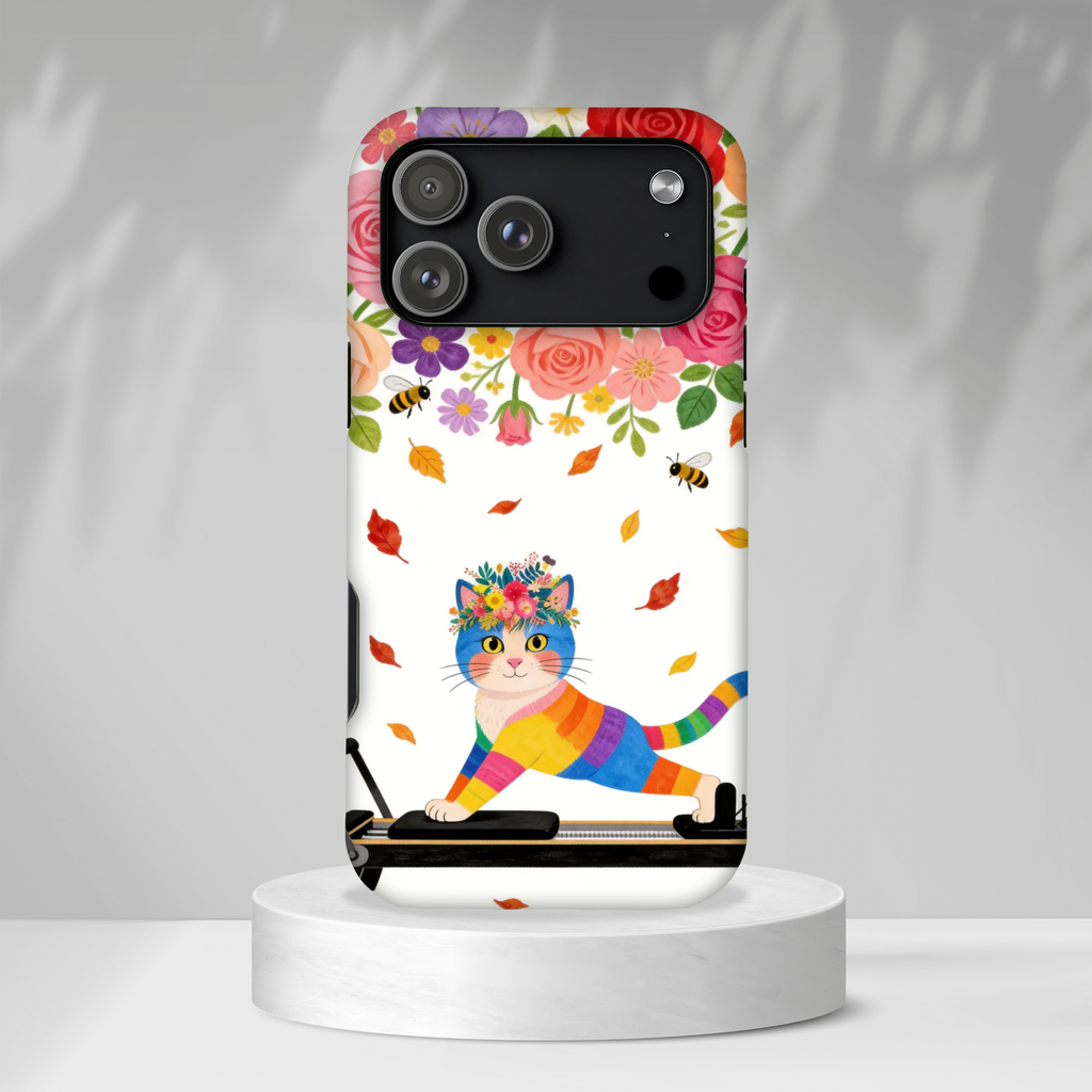 Floral Rainbow Cat Tough iPhone Case — Colorful Pilates Cat Design