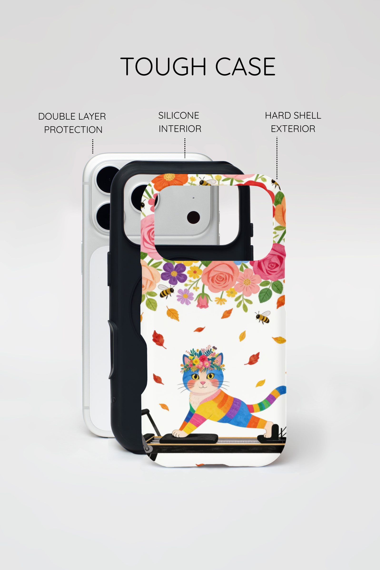 Floral Rainbow Cat Tough iPhone Case — Colorful Pilates Cat Design