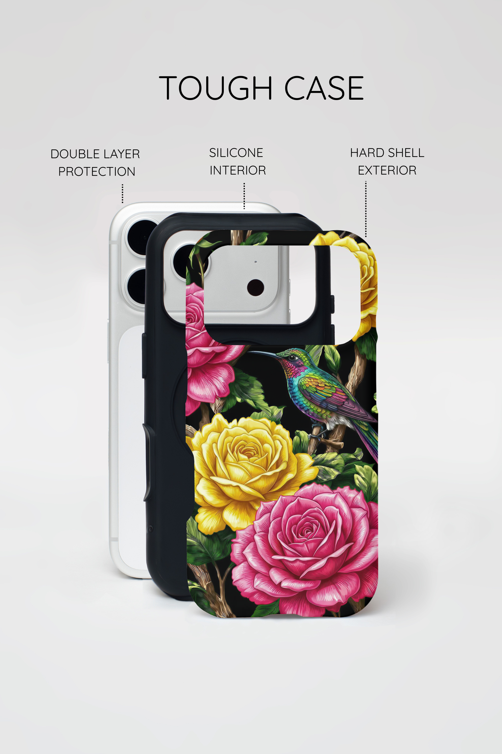 Cover iPhone Robusta Colibrì Floreale | Protezione Vibrante da Giardino Rosa e Giallo