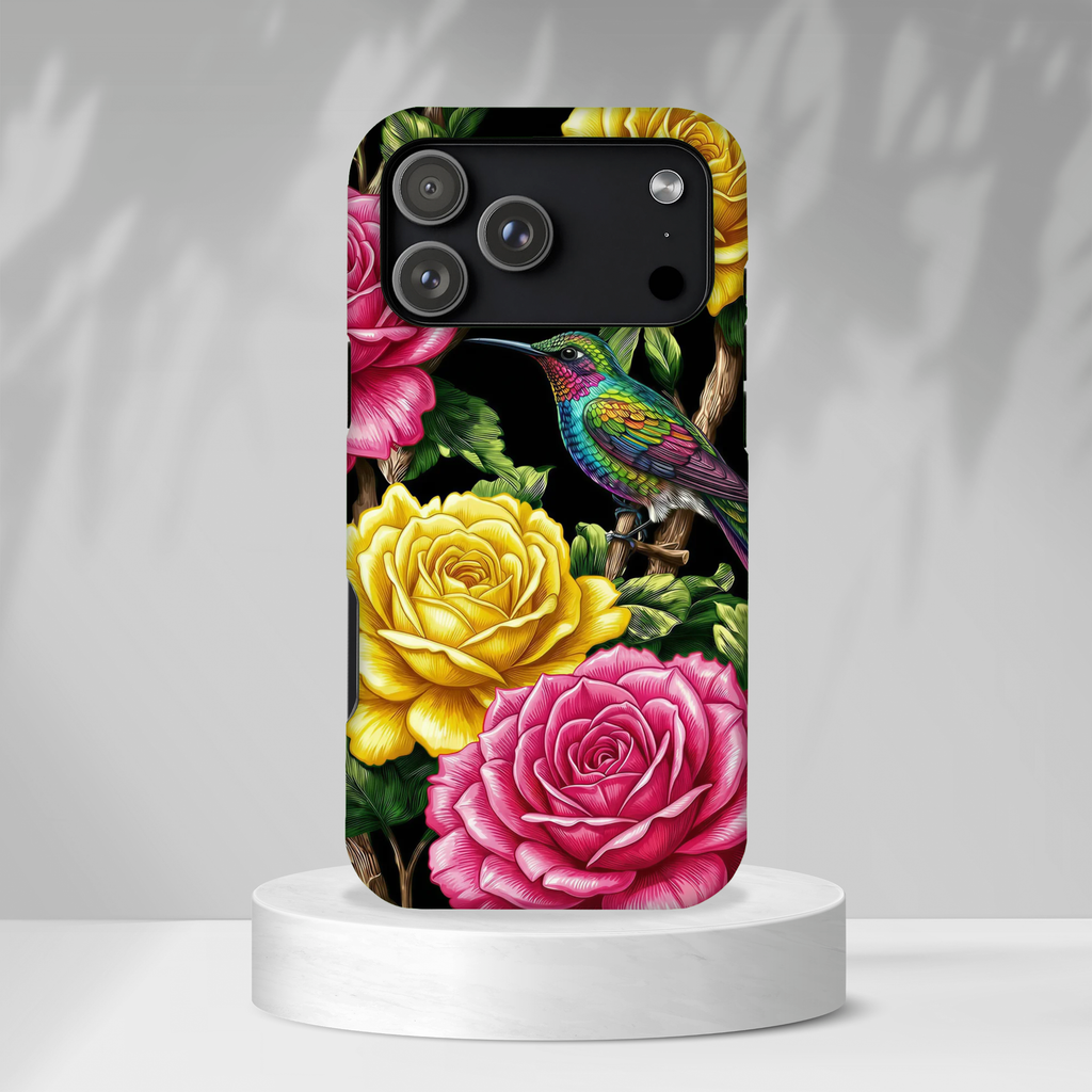 Cover iPhone Robusta Colibrì Floreale | Protezione Vibrante da Giardino Rosa e Giallo