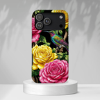 Cover iPhone Robusta Colibrì Floreale | Protezione Vibrante da Giardino Rosa e Giallo