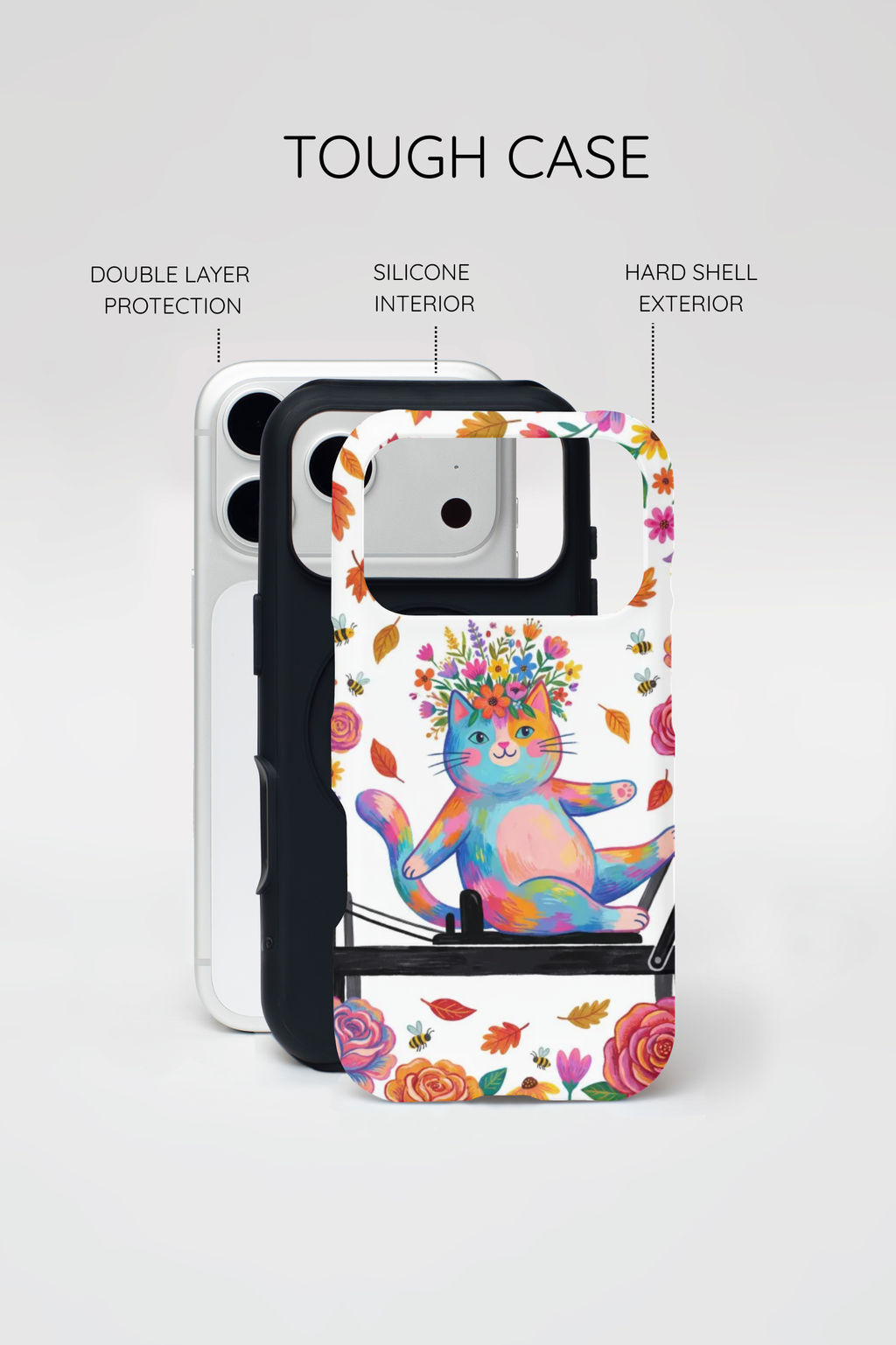 Colorful Floral Cat on Pilates Reformer Protective MagSafe iPhone Case