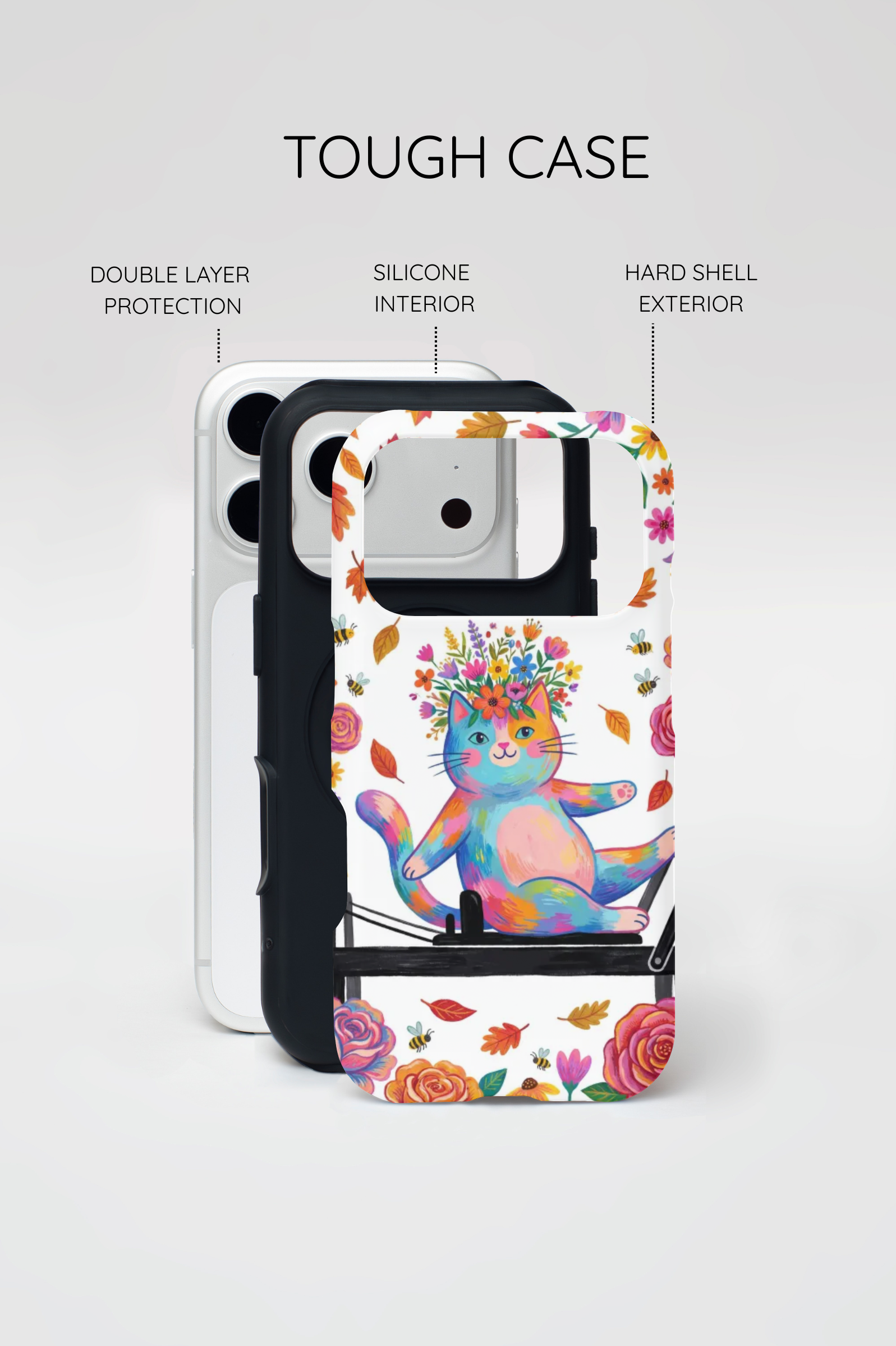 Colorful Floral Cat on Pilates Reformer Protective MagSafe iPhone Case