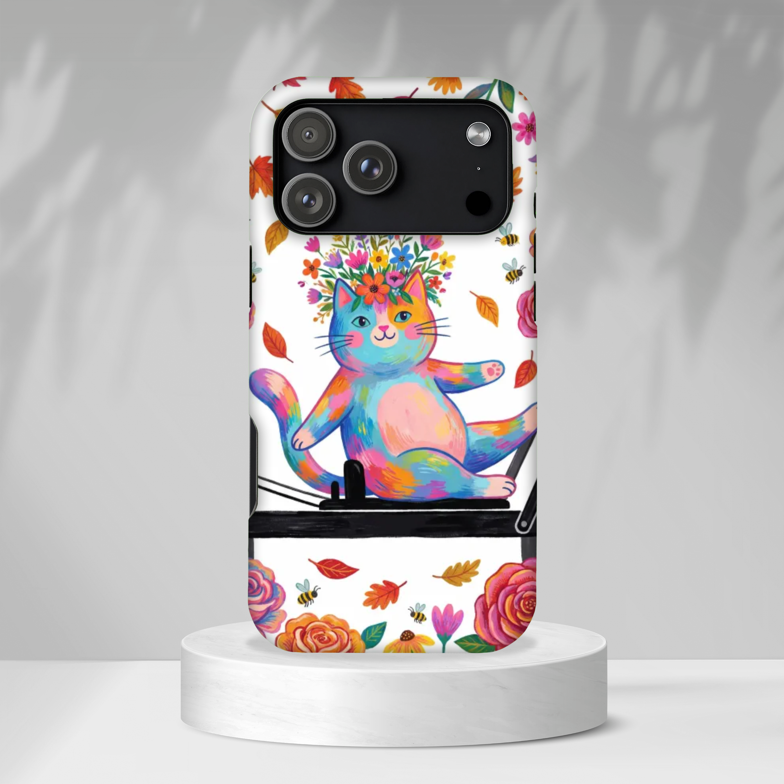Colorful Floral Cat on Pilates Reformer Protective MagSafe iPhone Case