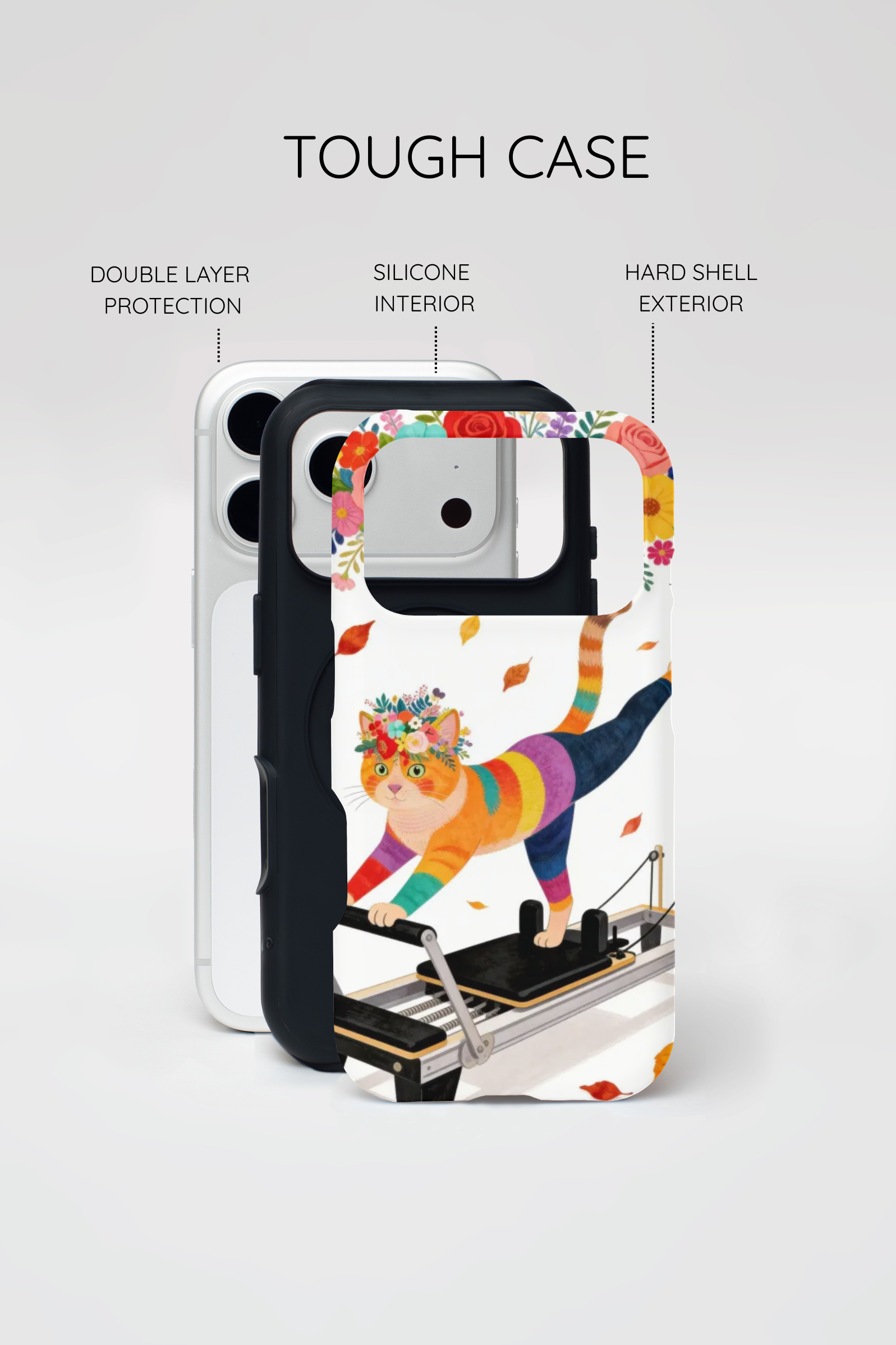 Cat Pilates MagSafe iPhone Case | Floral Rainbow Cat on Reformer