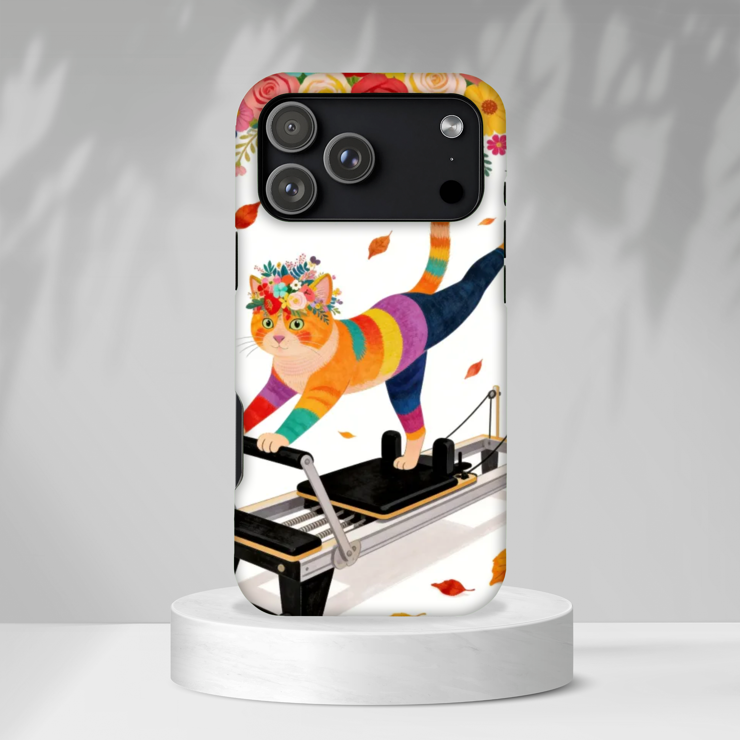 Cat Pilates MagSafe iPhone Case | Floral Rainbow Cat on Reformer