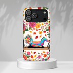 Autumn Floral Pilates MagSafe iPhone Case | Colorful Rainbow Pilates Cat on Falling Leaves