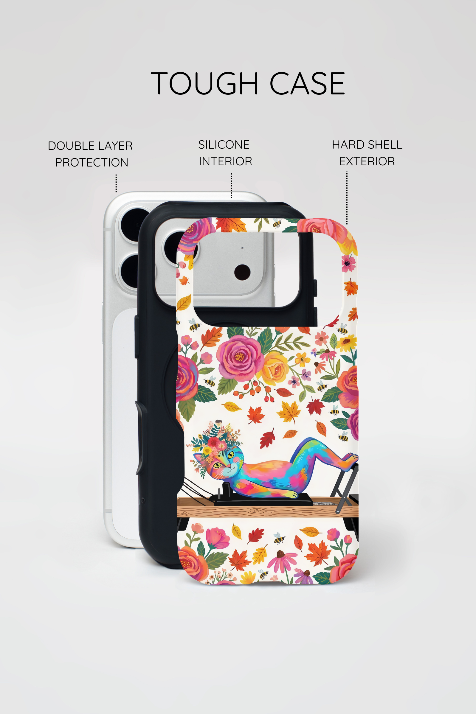 Autumn Floral Pilates MagSafe iPhone Case | Colorful Rainbow Pilates Cat on Falling Leaves