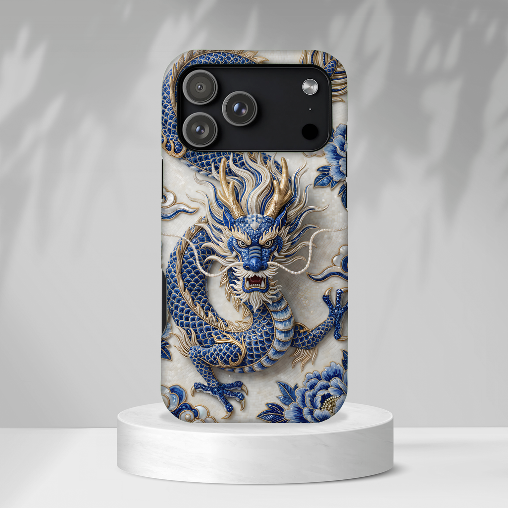Custodia MagSafe per iPhone Drago Zodiaco Asiatico | Lussuosa Custodia Protettiva in Porcellana Blu e Bianca | Regalo Anno del Drago