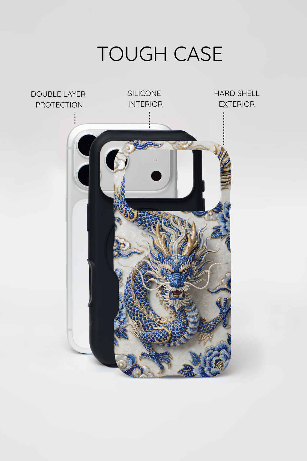 Custodia MagSafe per iPhone Drago Zodiaco Asiatico | Lussuosa Custodia Protettiva in Porcellana Blu e Bianca | Regalo Anno del Drago