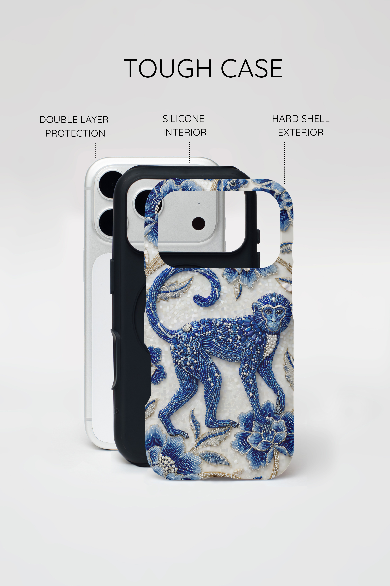 Custodia MagSafe per iPhone con Scimmia dello Zodiaco Asiatico | Custodia Protettiva con Arte in Porcellana Blu e Bianca | Regalo Anno della Scimmia