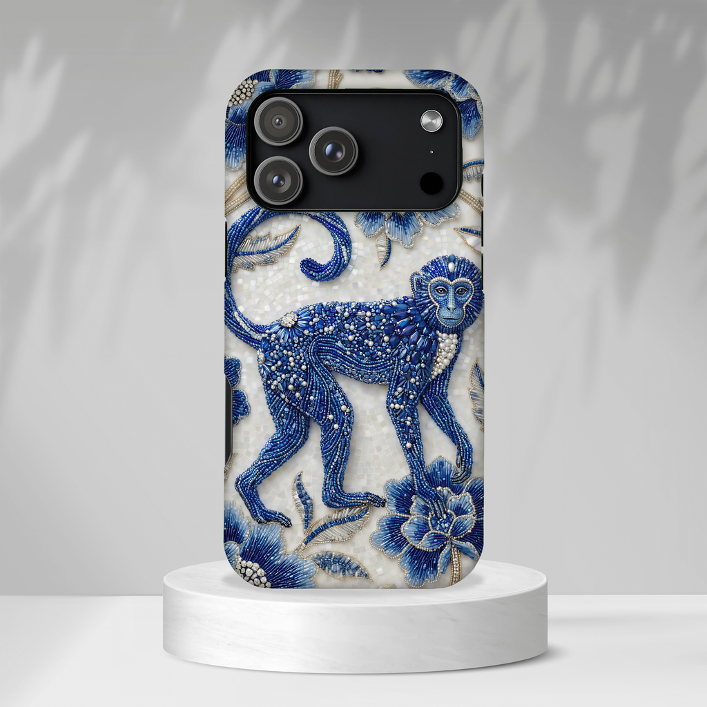 Custodia MagSafe per iPhone con Scimmia dello Zodiaco Asiatico | Custodia Protettiva con Arte in Porcellana Blu e Bianca | Regalo Anno della Scimmia